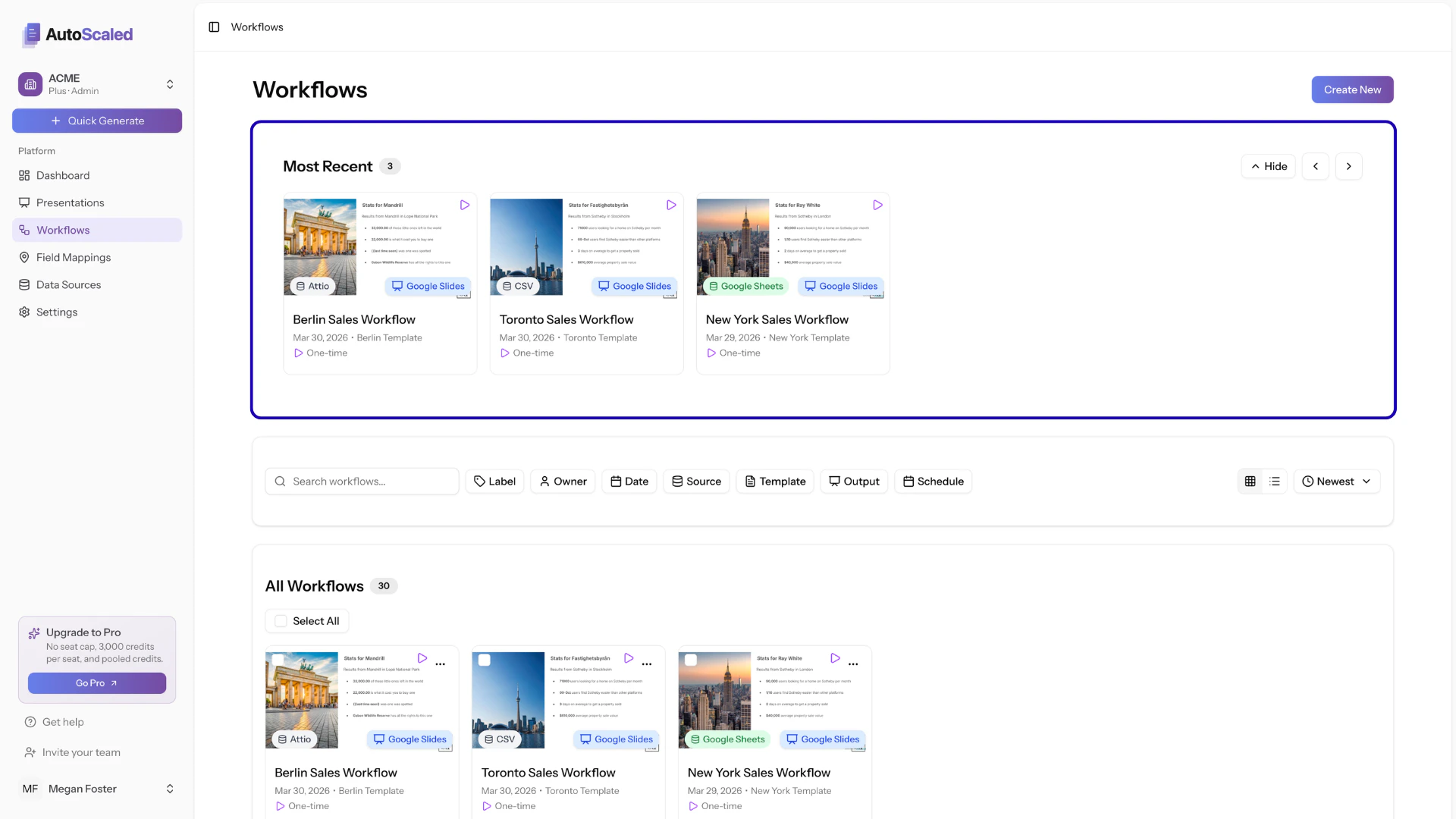 Most recent workflows view in the AutoScaled workflow dashboard