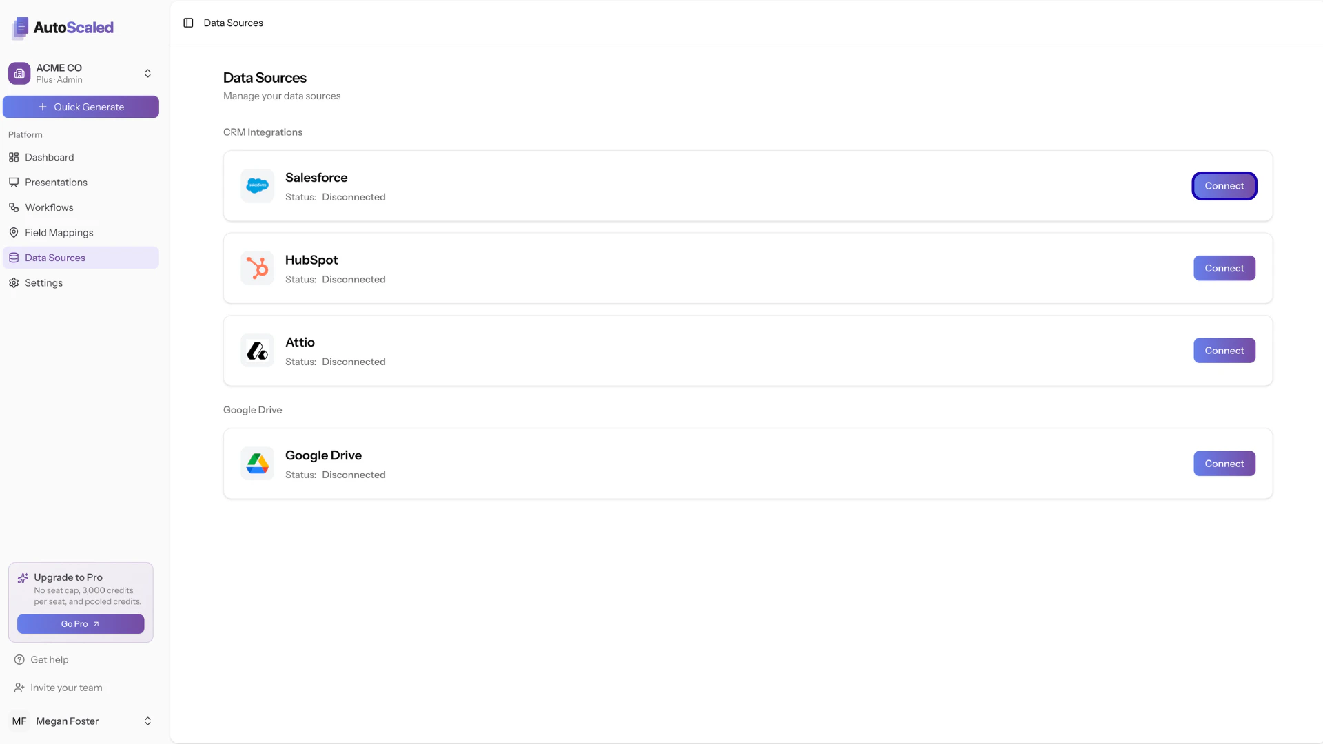 Connecting Salesforce to AutoScaled via the data sources navigation