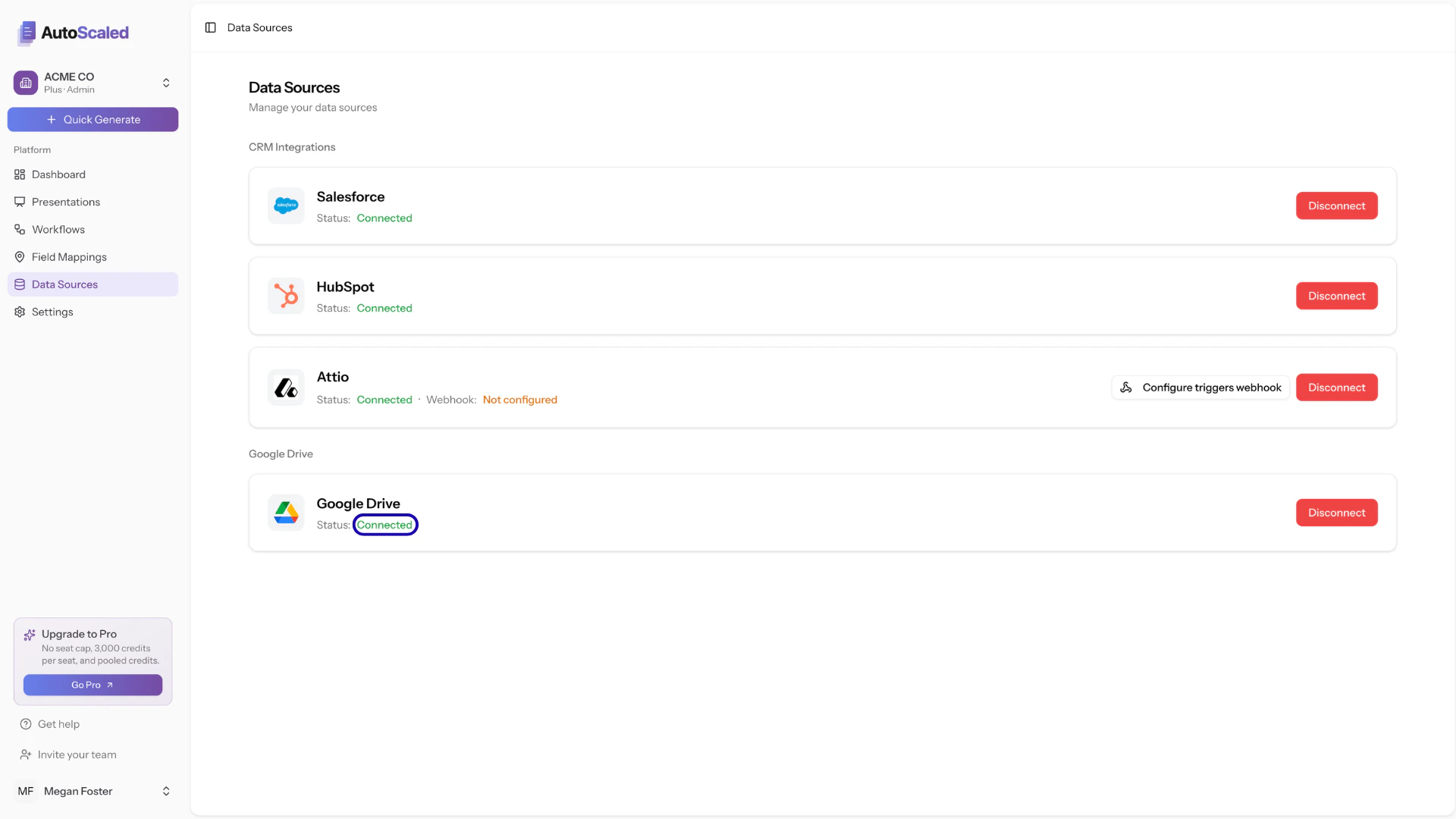 Data sources overview in the AutoScaled application with all data sources connected