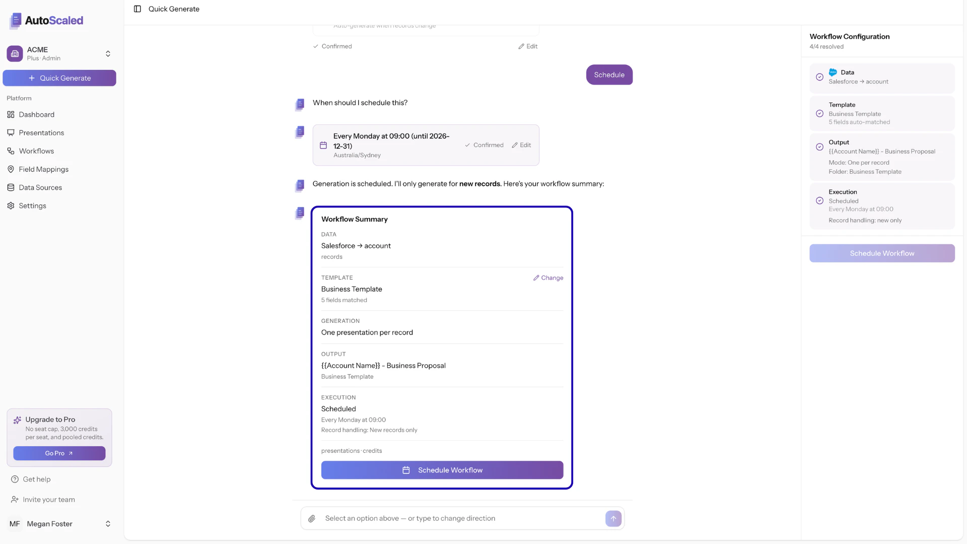 AutoScaled agentic presentation workflow summary for the schedule mode