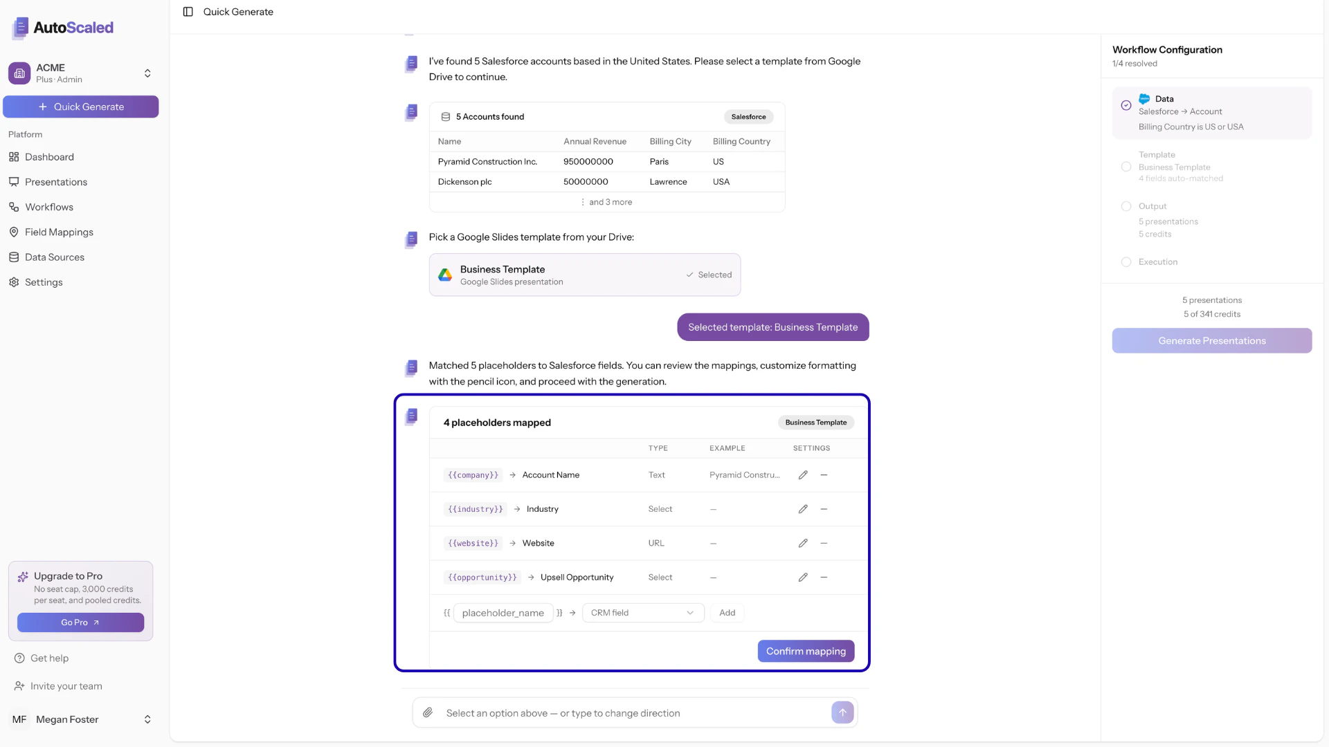 Table of placeholders mapped between a CRM and a presentation template