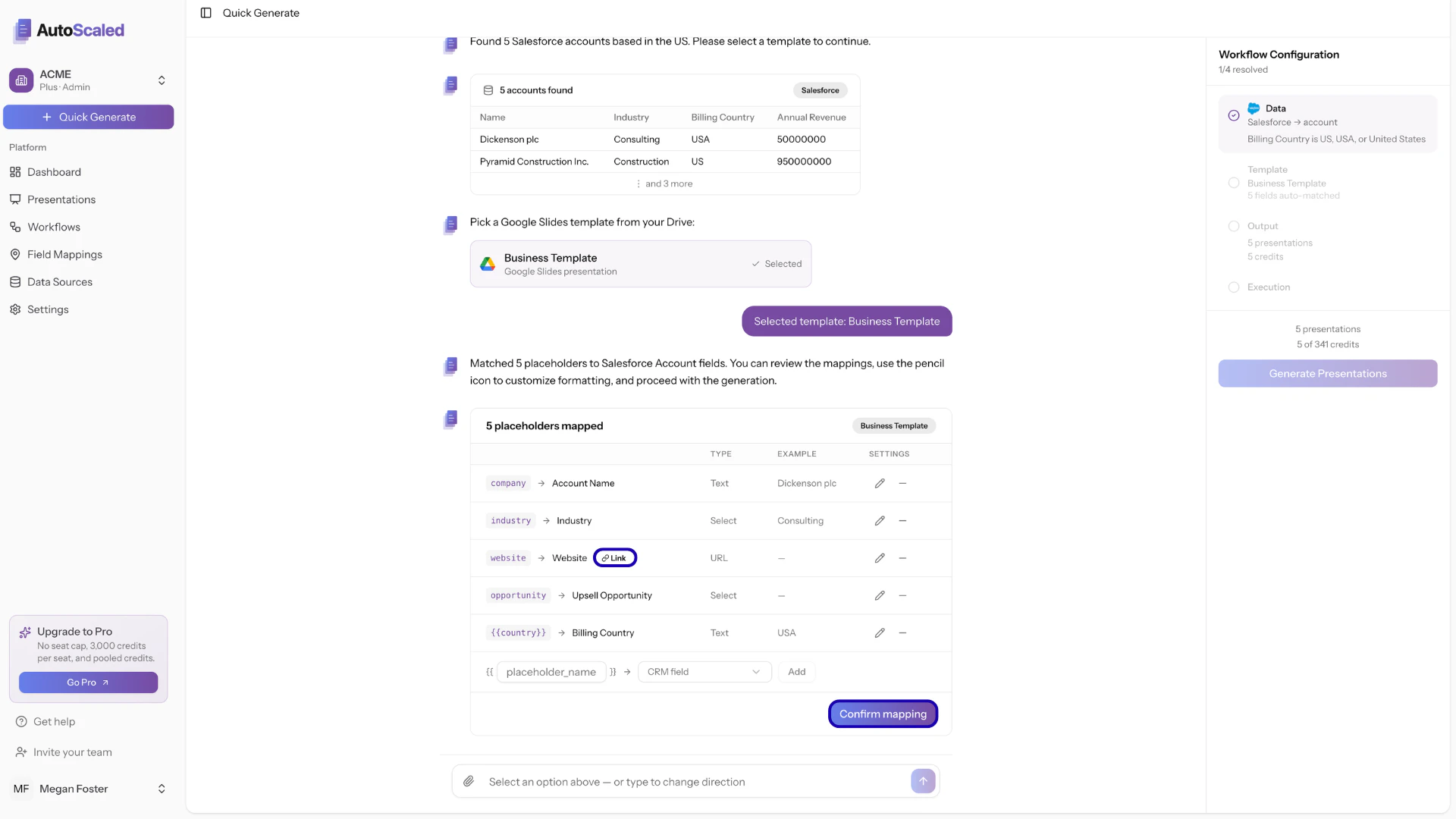 Confirming the field mapping between data and template