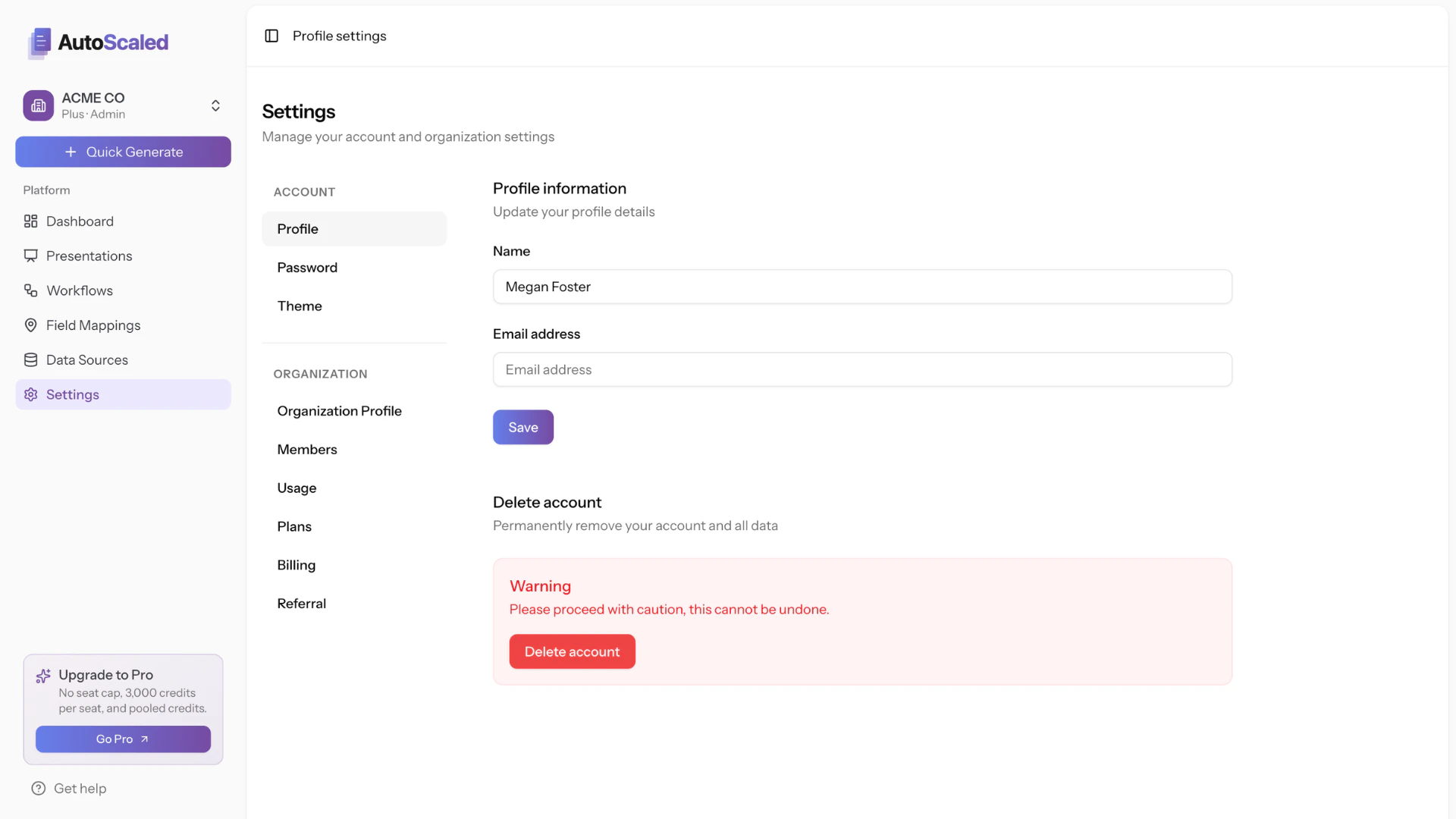 Profile settings in AutoScaled Account settings including profile information on AutoScaled