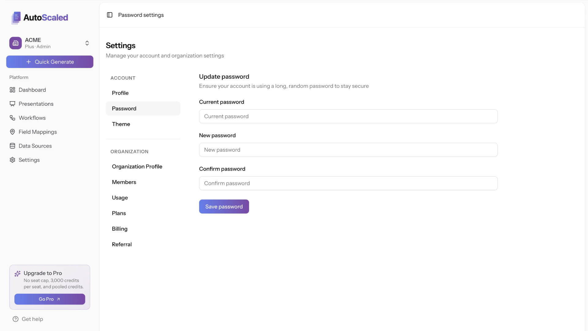 Account settings including password reset on AutoScaled