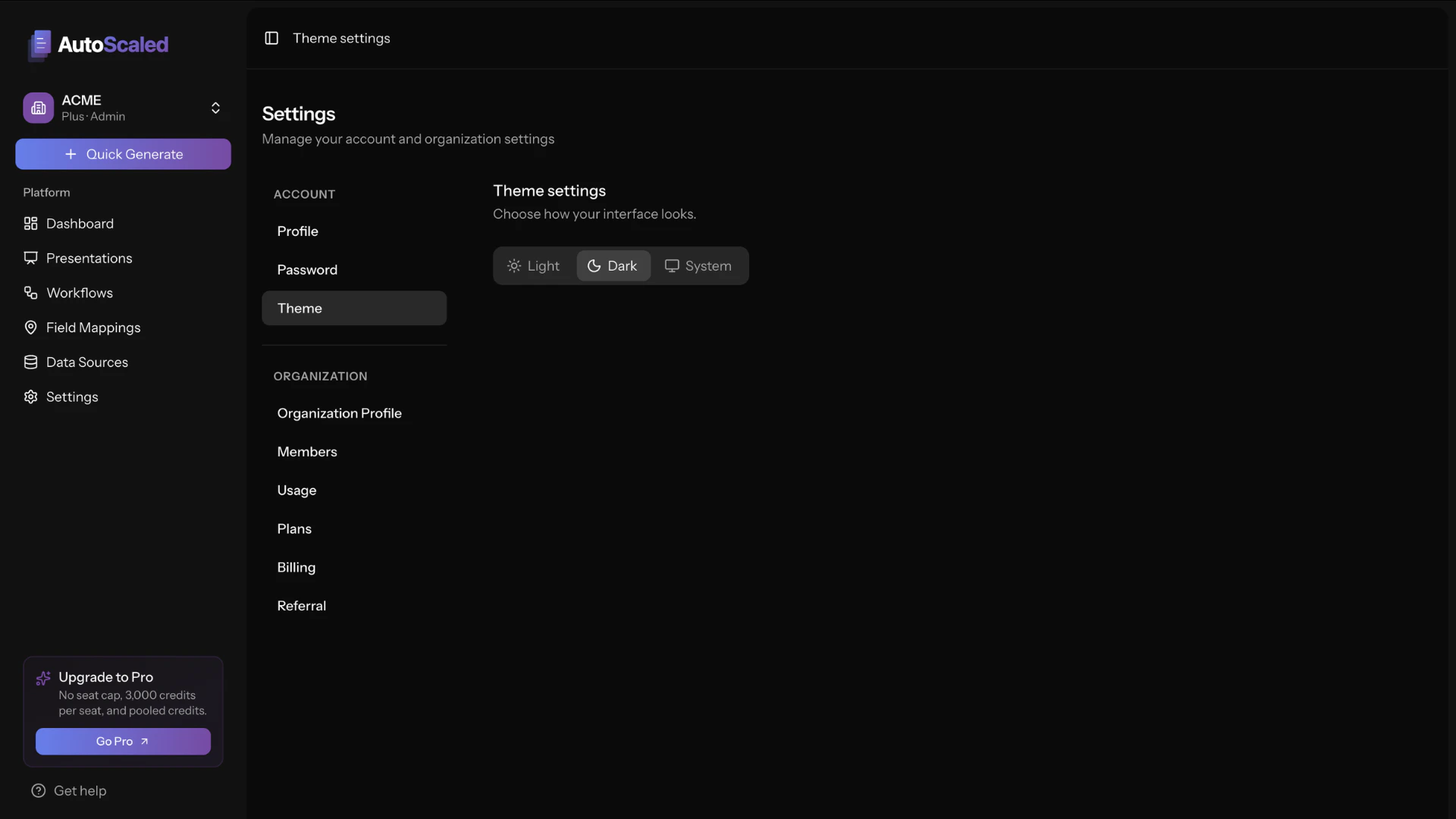 Account settings including appearance theme on AutoScaled