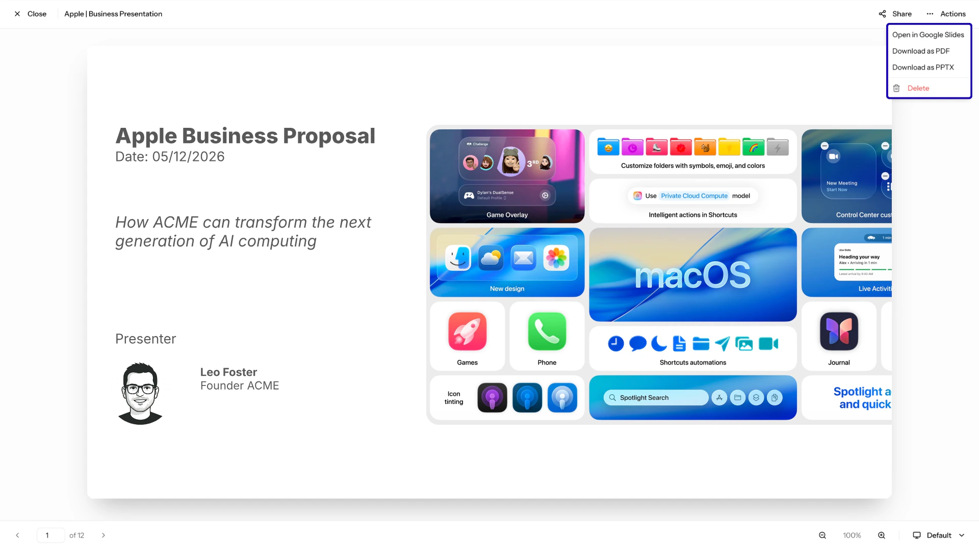 Downloading, exporting, and removing decks in presentation view