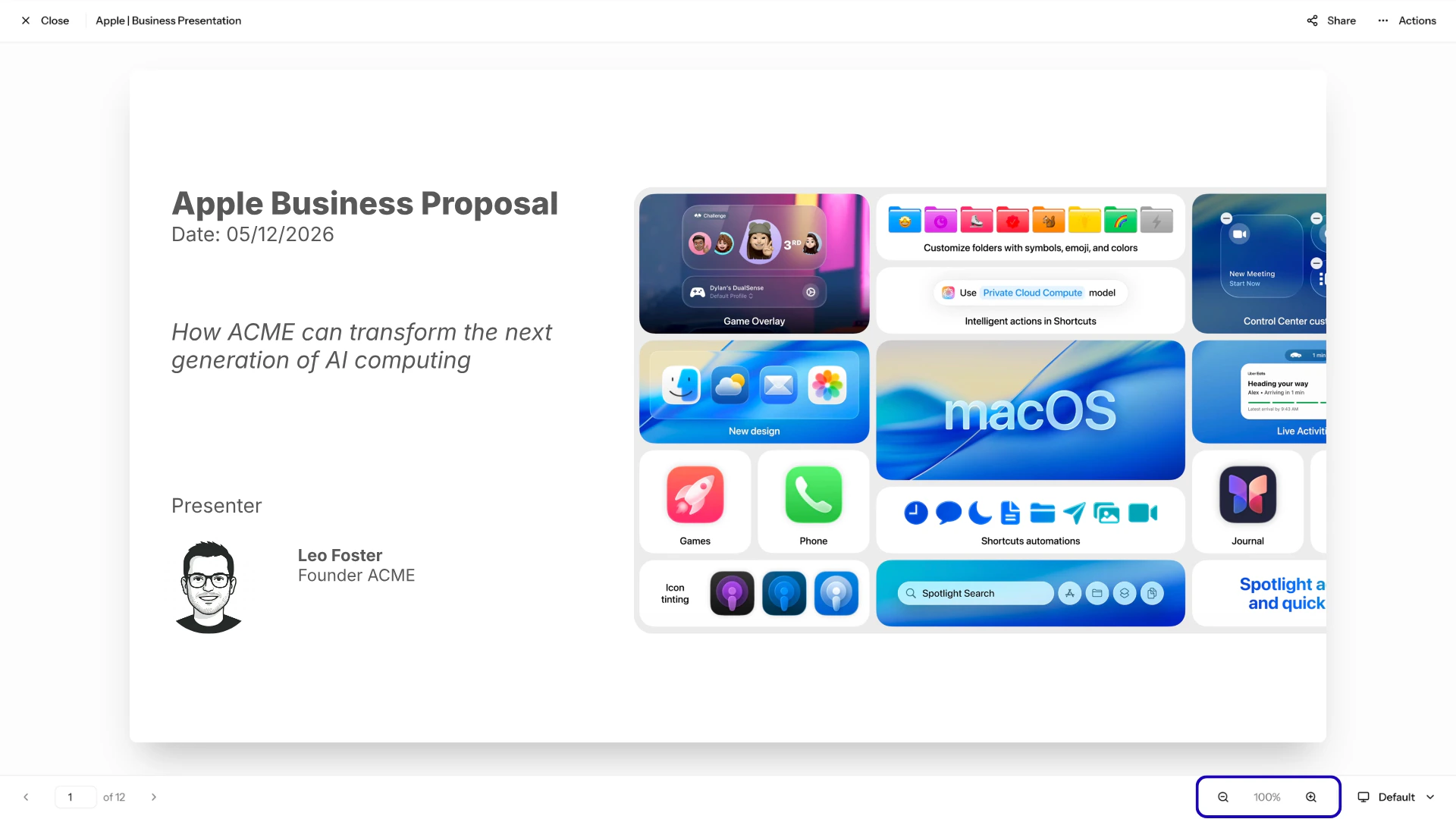 Zooming in and out of slides in presentation view