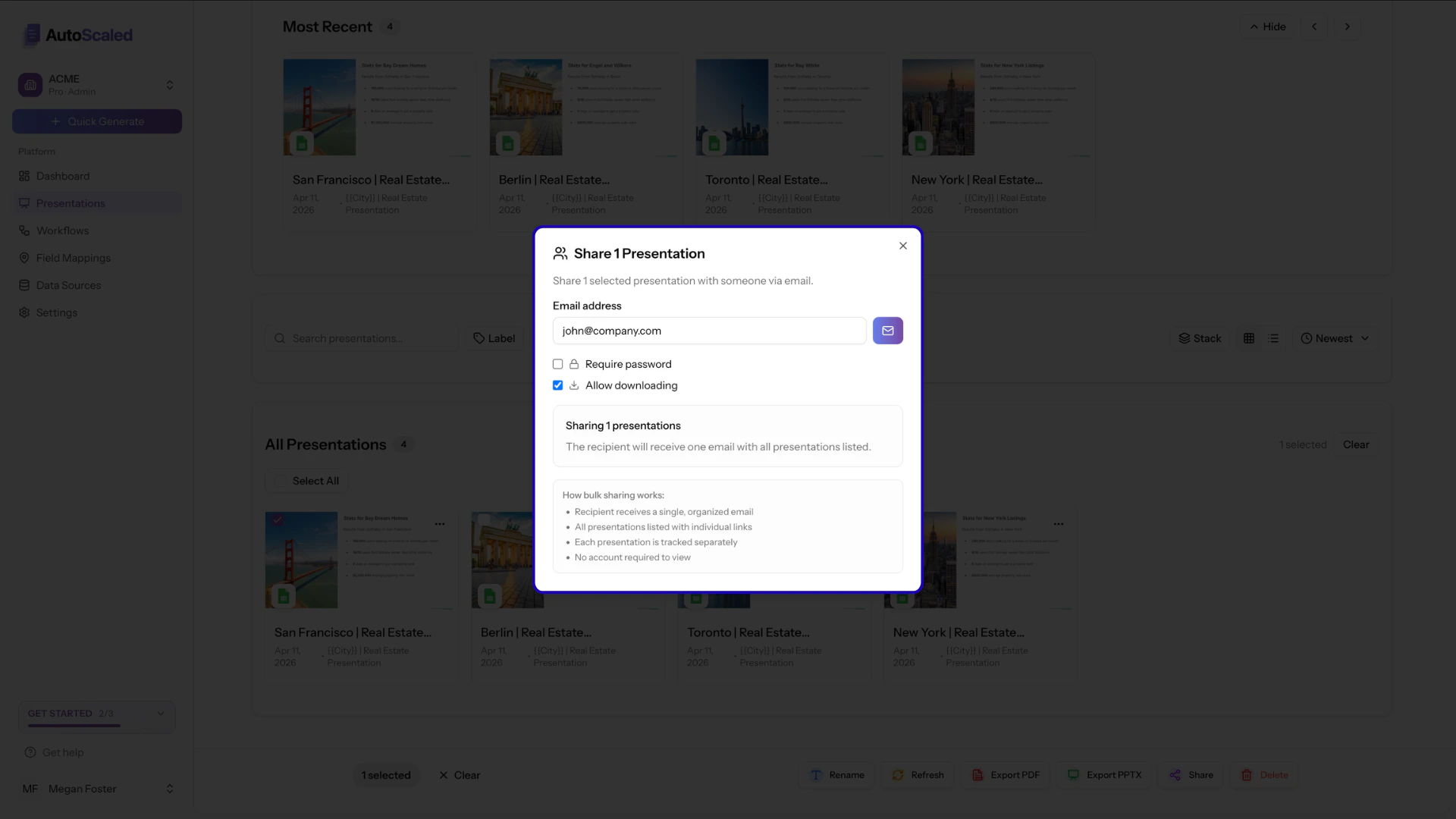 Allow or disallow downloading of presentations for recipients