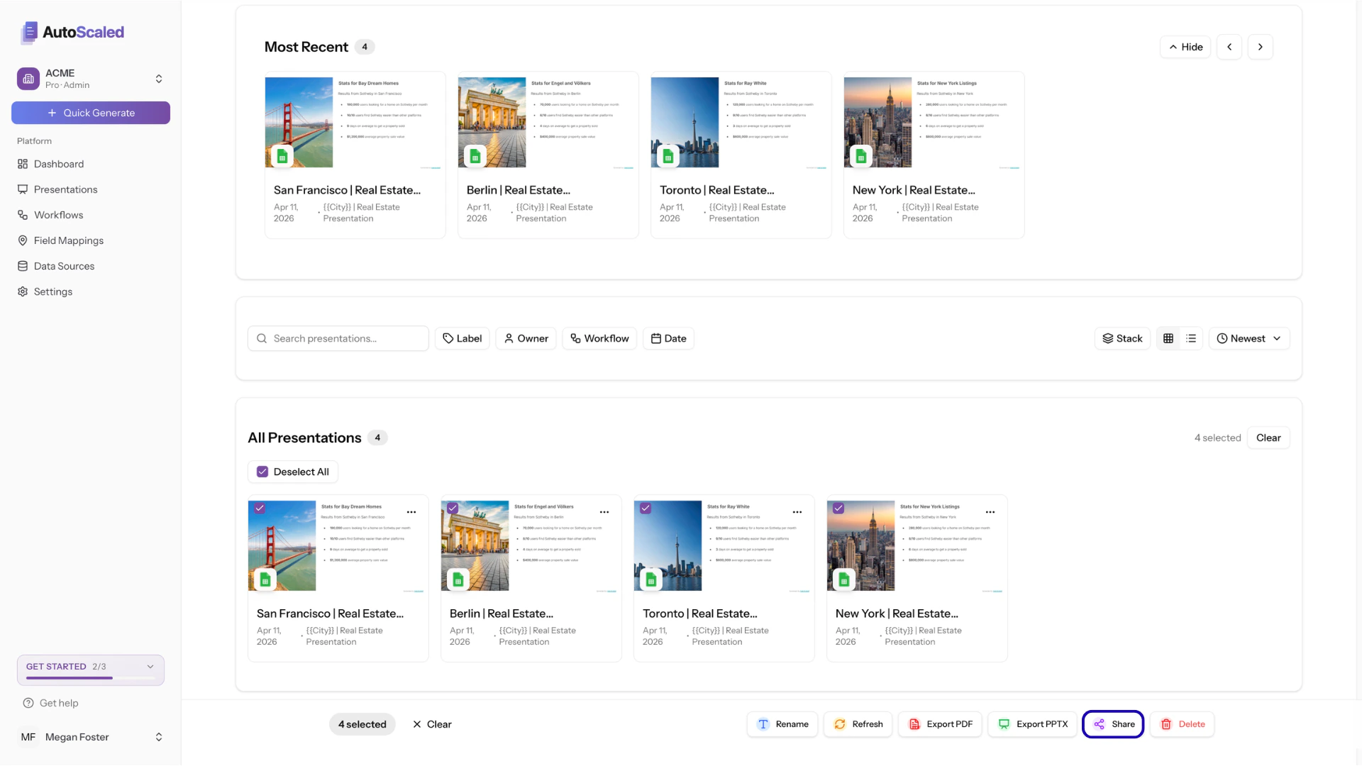 Sharing a deck from the presentation management page on AutoScaled
