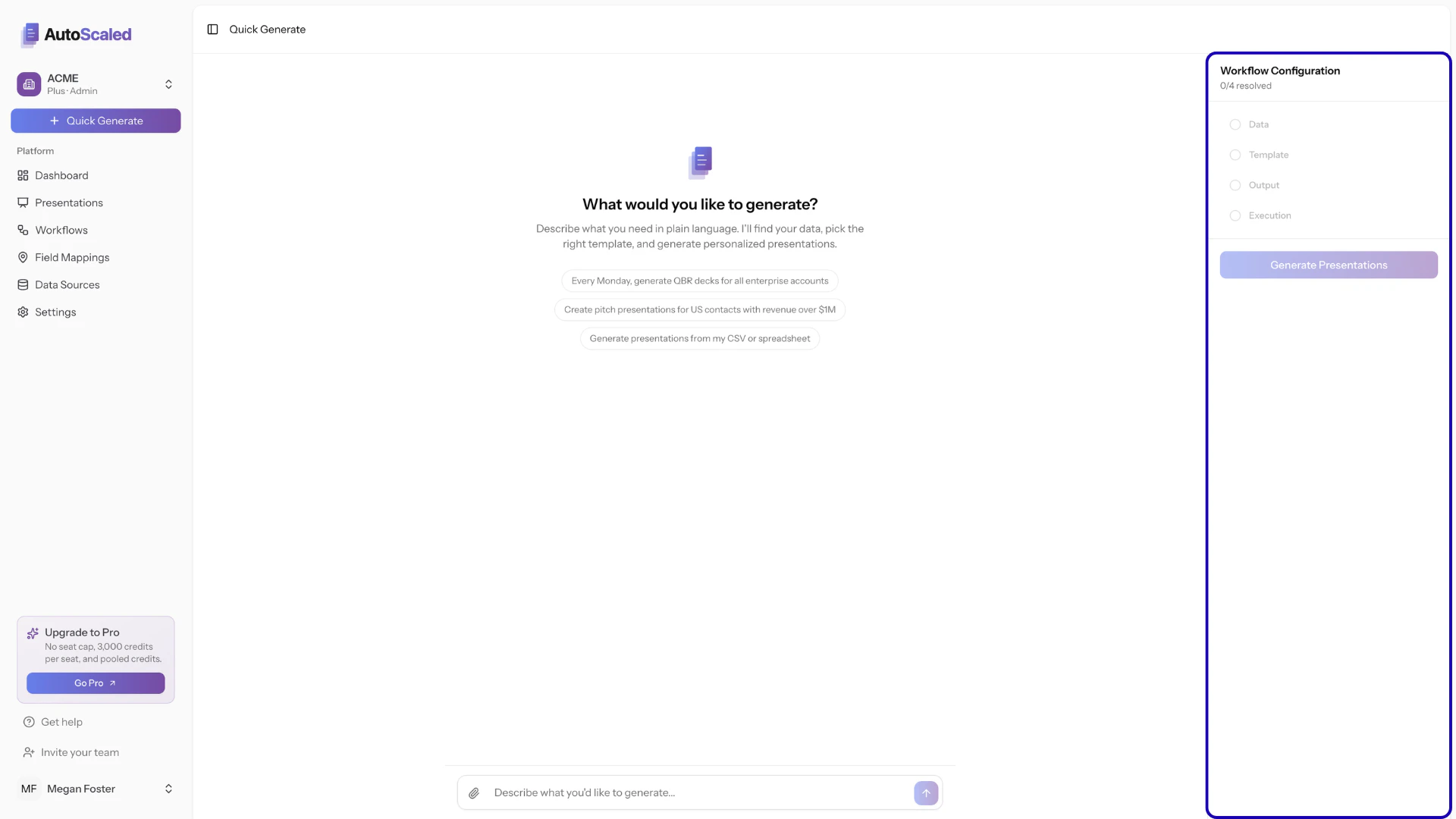 AutoScaled Quick Generate Configuration Sidebar showcasing workflow steps