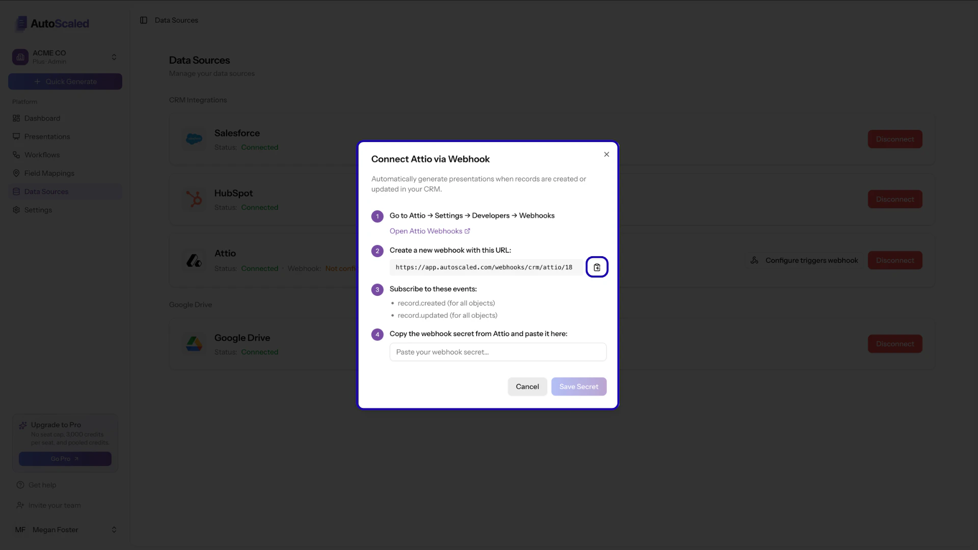 Attio configure trigger webhook modal in AutoScaled