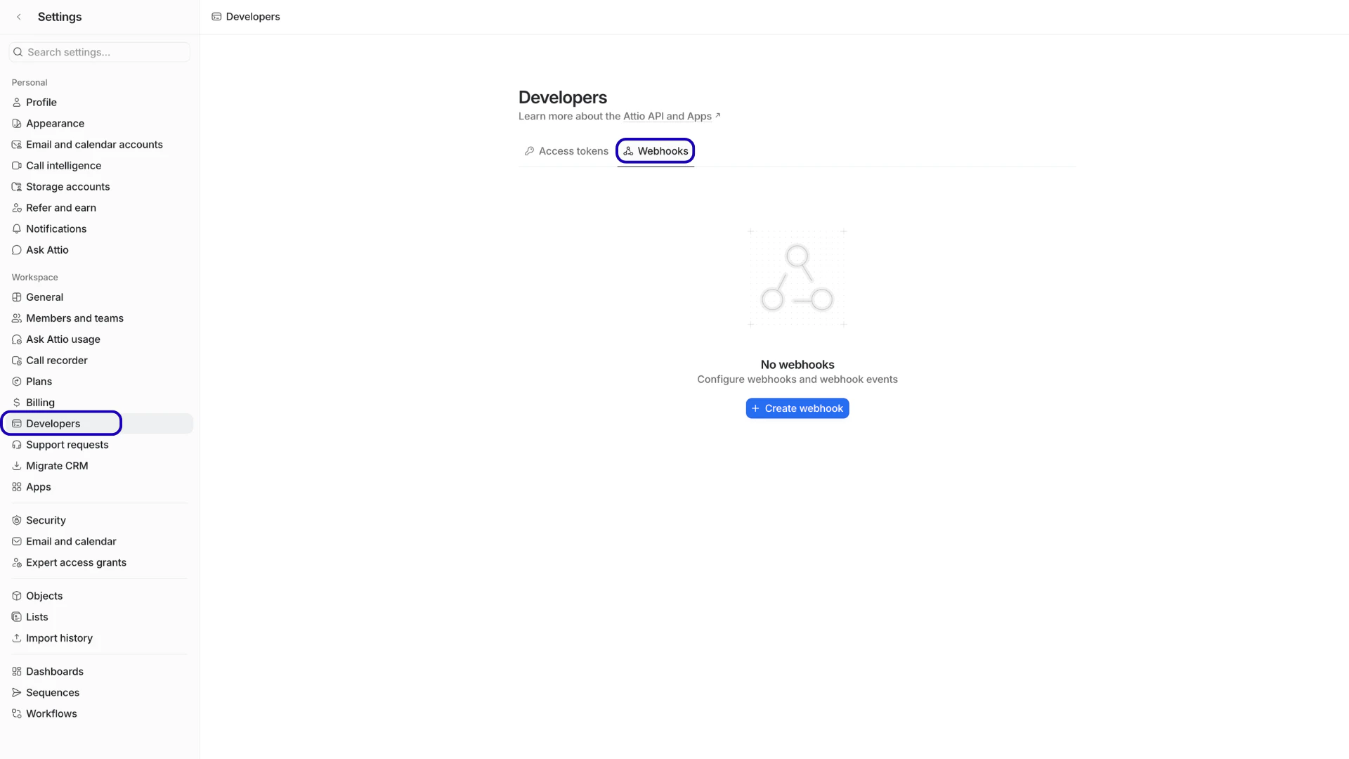 Attio Developers menu with Webhooks selected