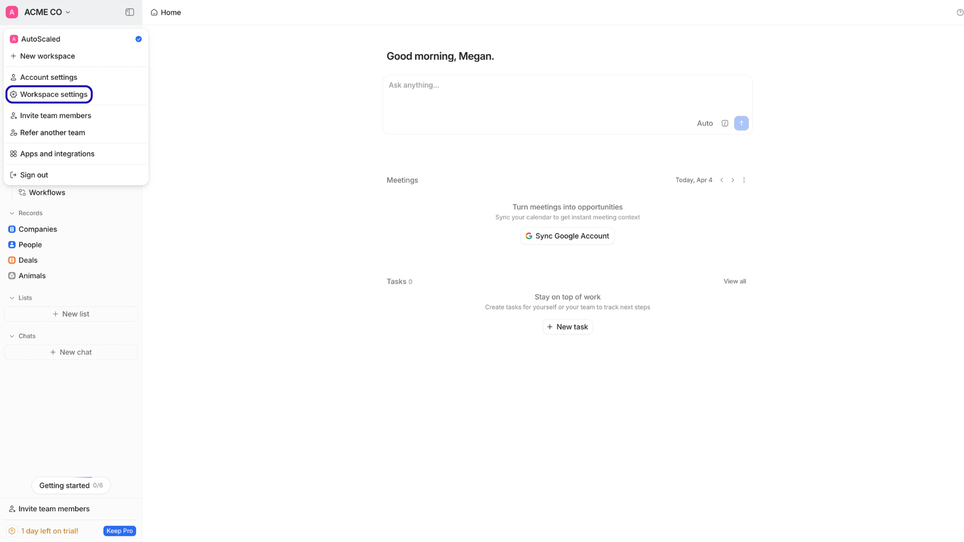 Navigation in Attio to User Name and Workspace Settings