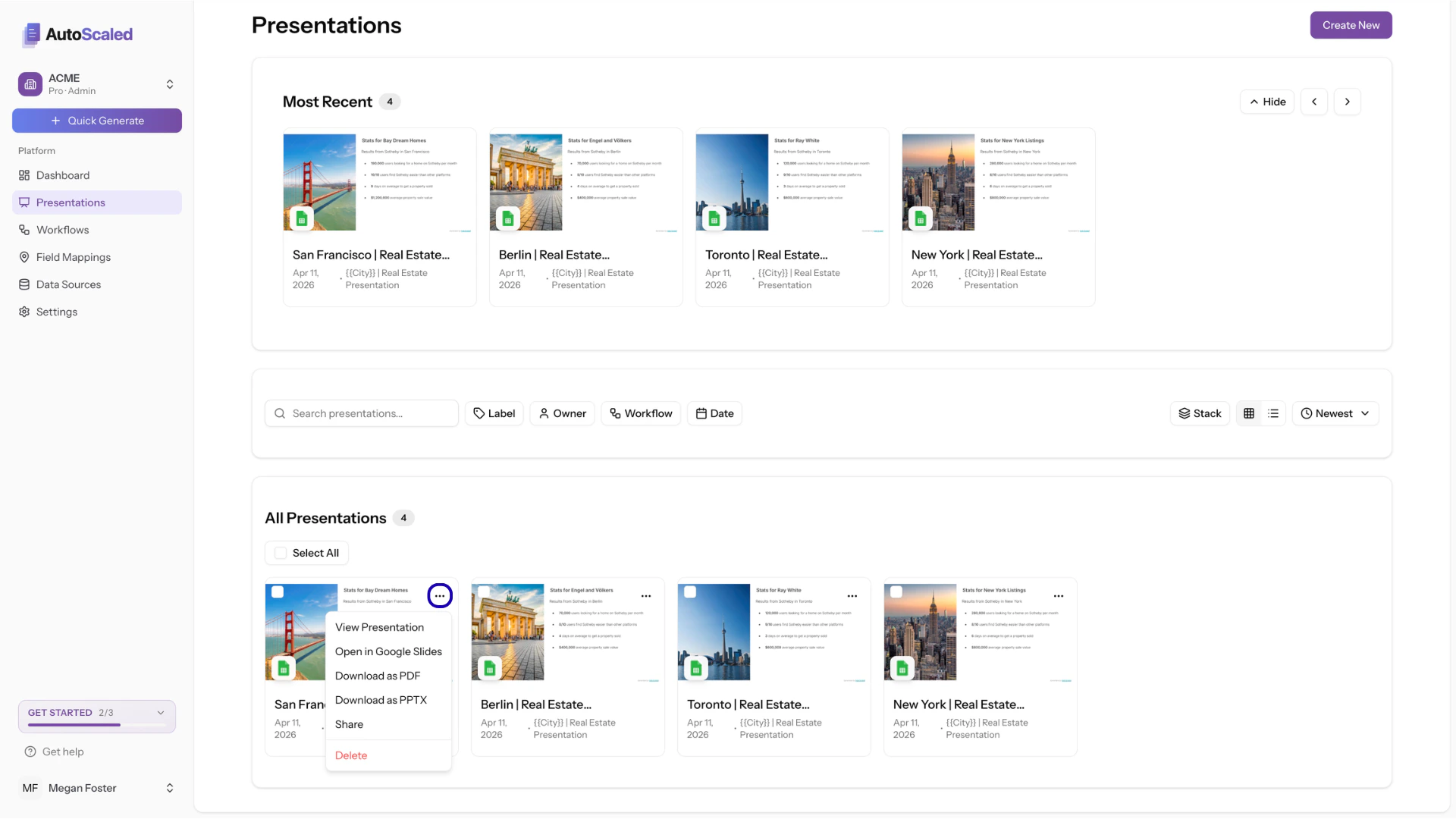 Opening the individual presentation menu on AutoScaled