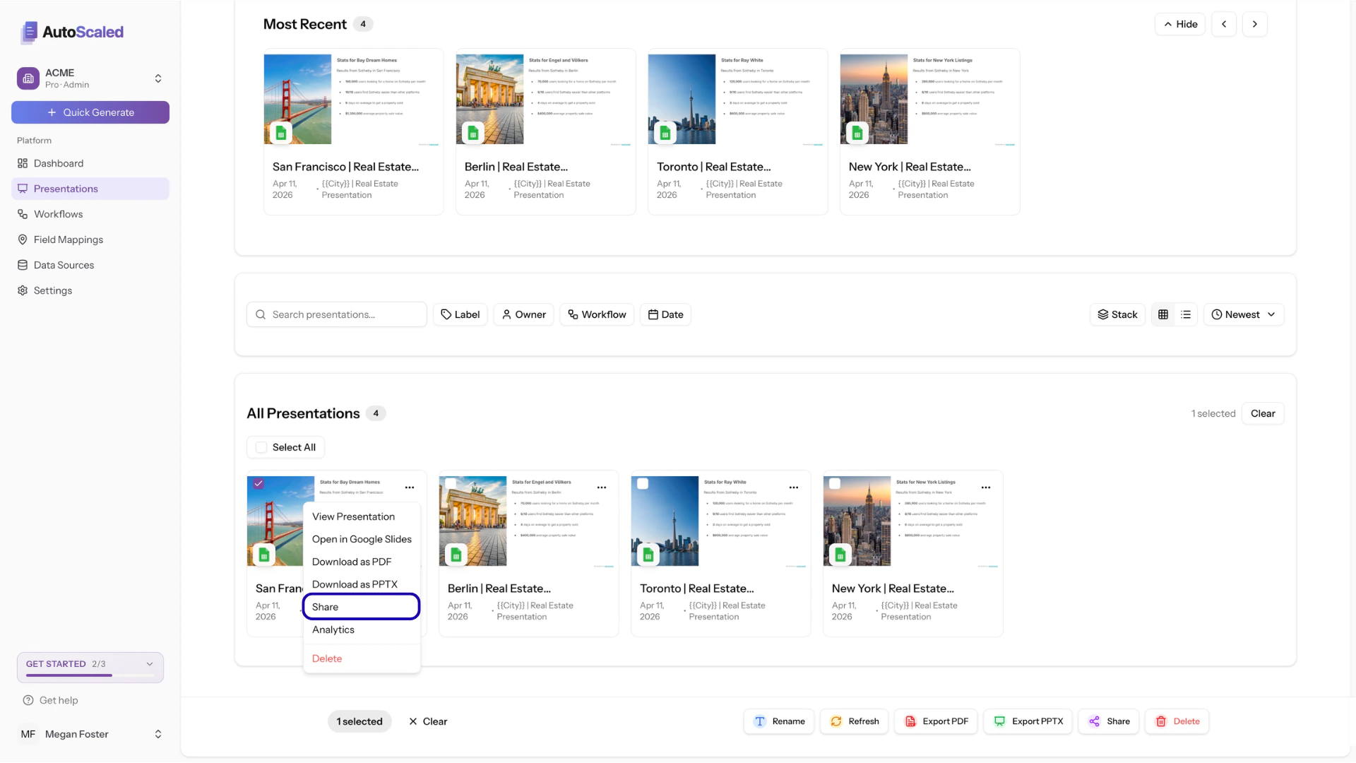 Individual presentation menu in the presentations dashboard on AutoScaled