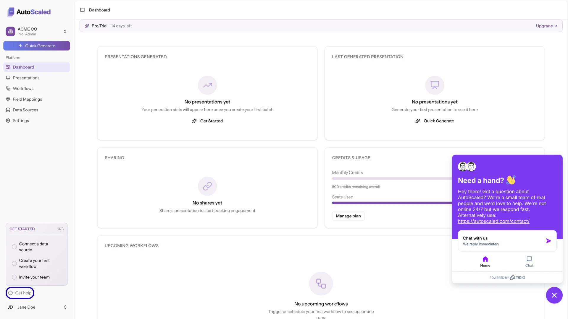 Help button in the navigation menu of AutoScaled