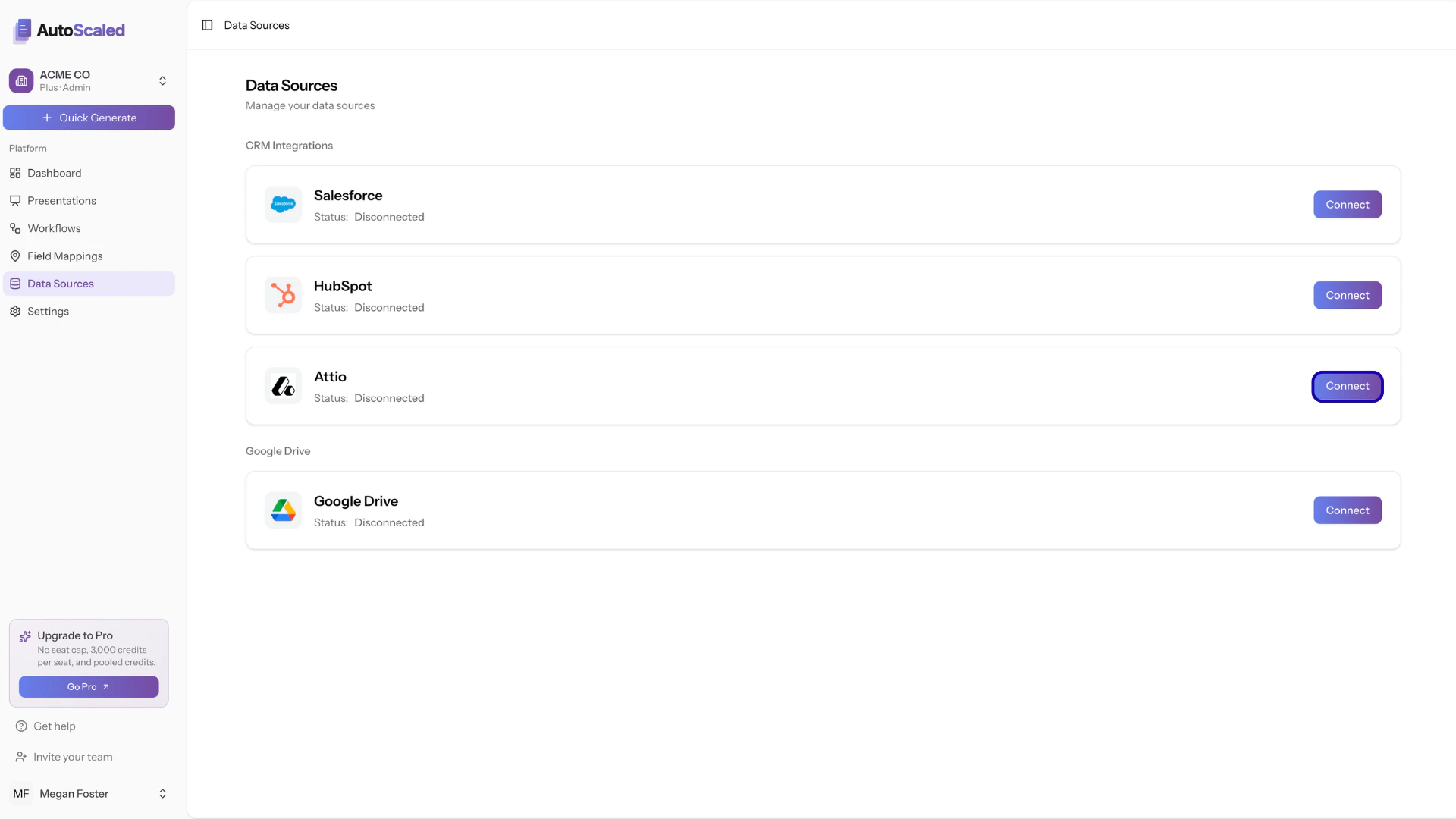 Connecting Attio to AutoScaled via the data sources navigation