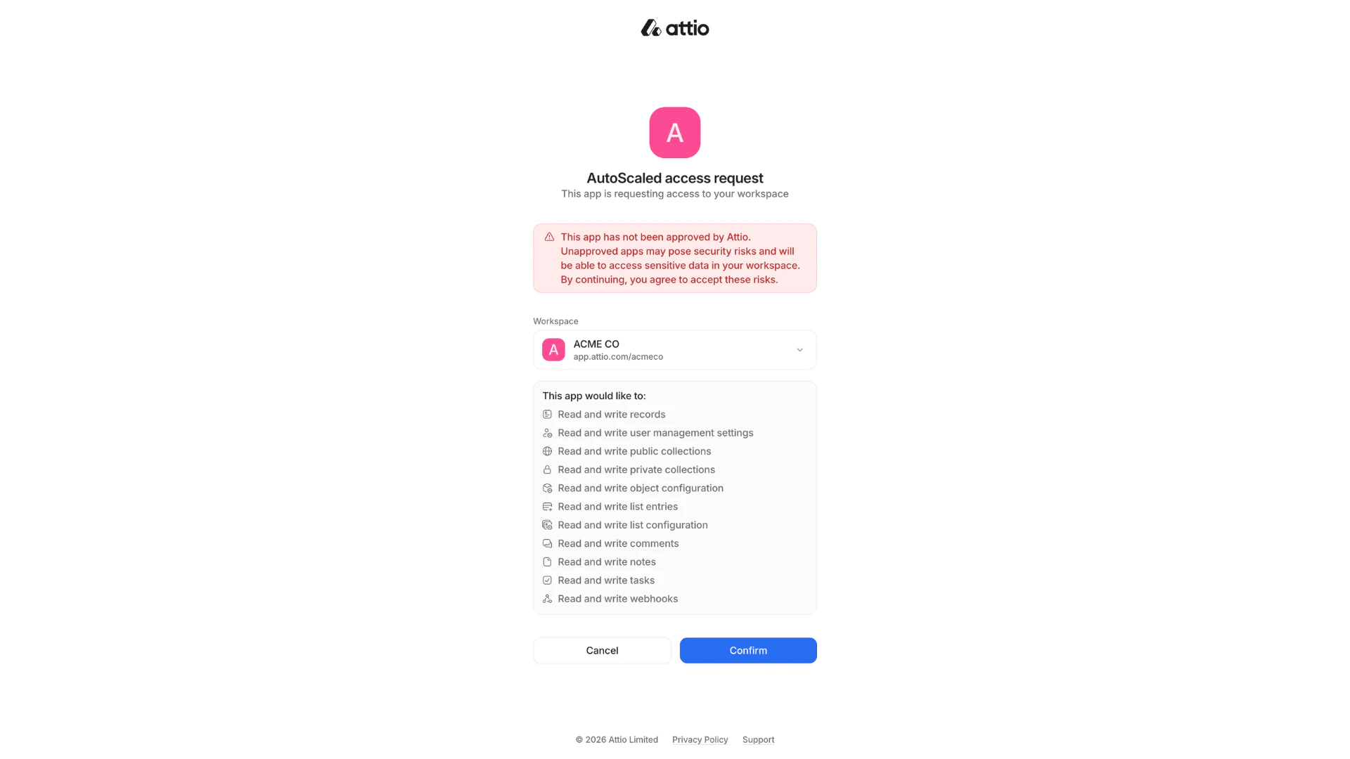Attio connection dialog for signing in