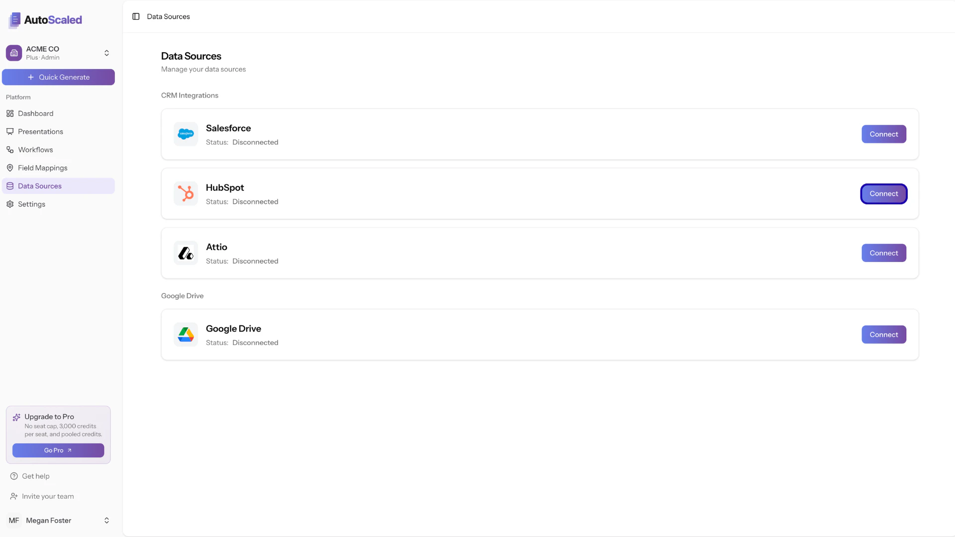 Connecting HubSpot to AutoScaled via the data sources navigation