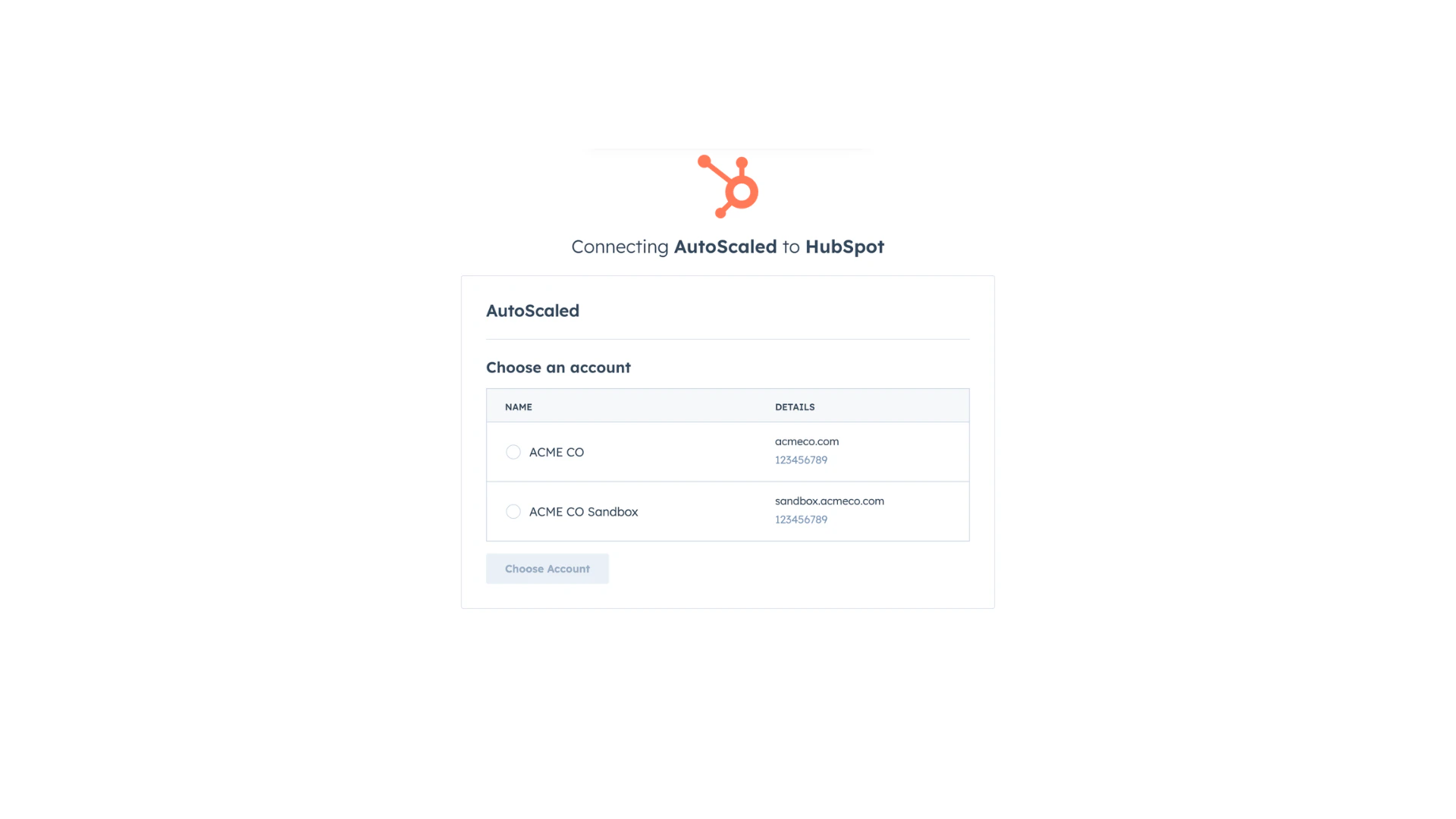 Selection interface of HubSpot to select your instance