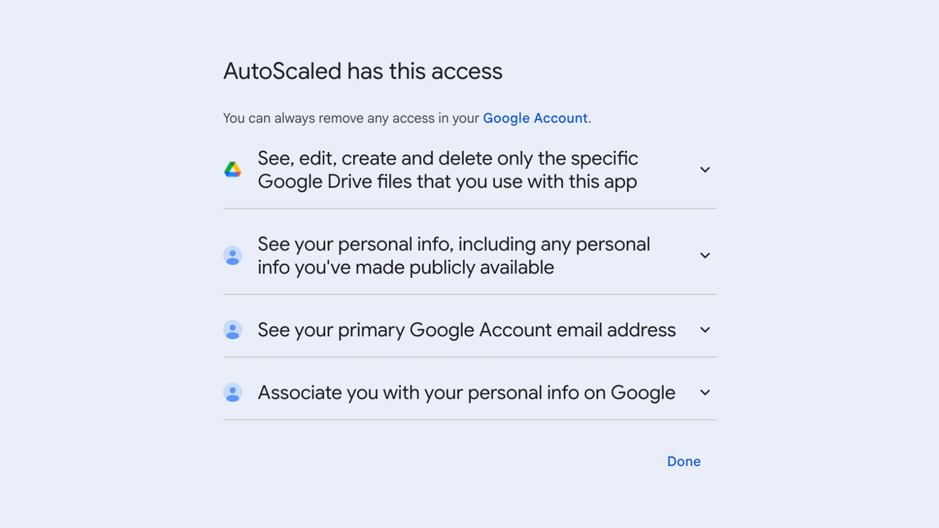 Google Authentication popup related to Drive Permissions