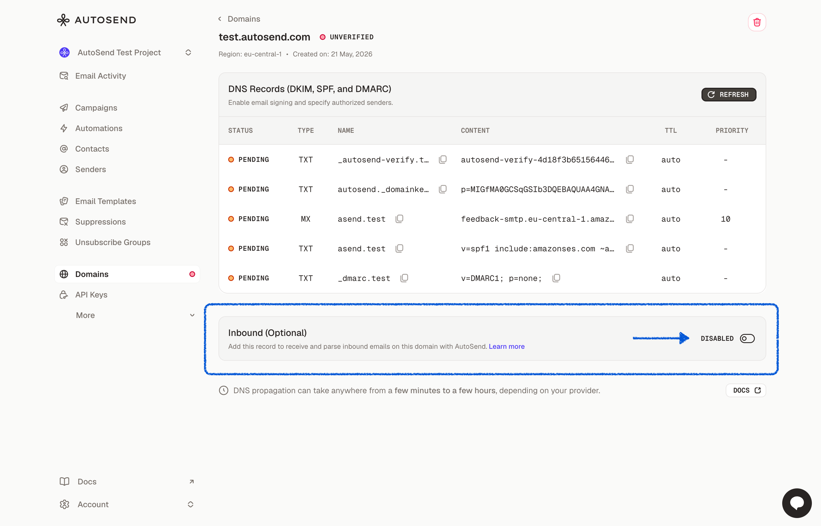 Enabling Inbound for a custom domain in AutoSend