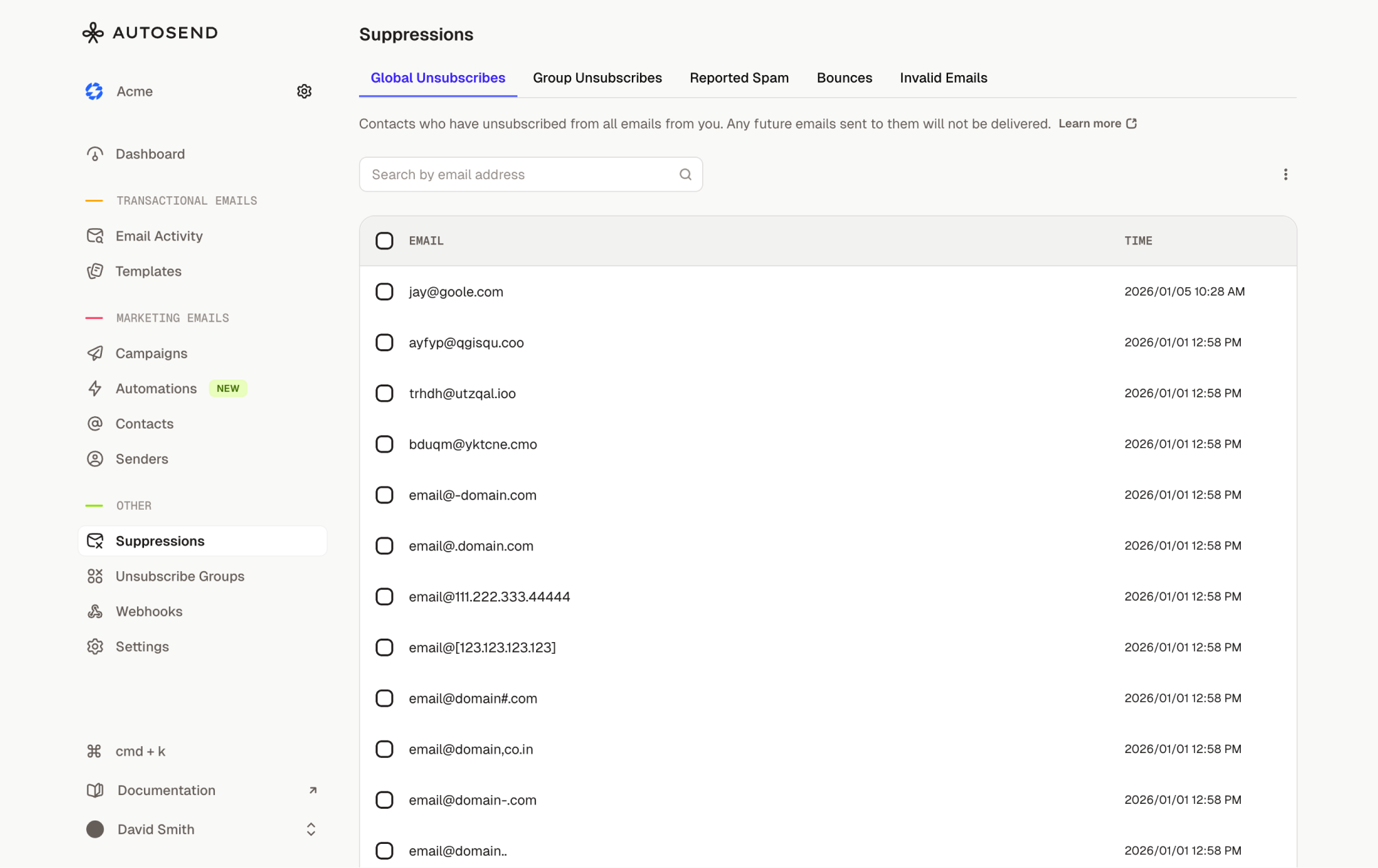 Suppressions - AutoSend Documentation
