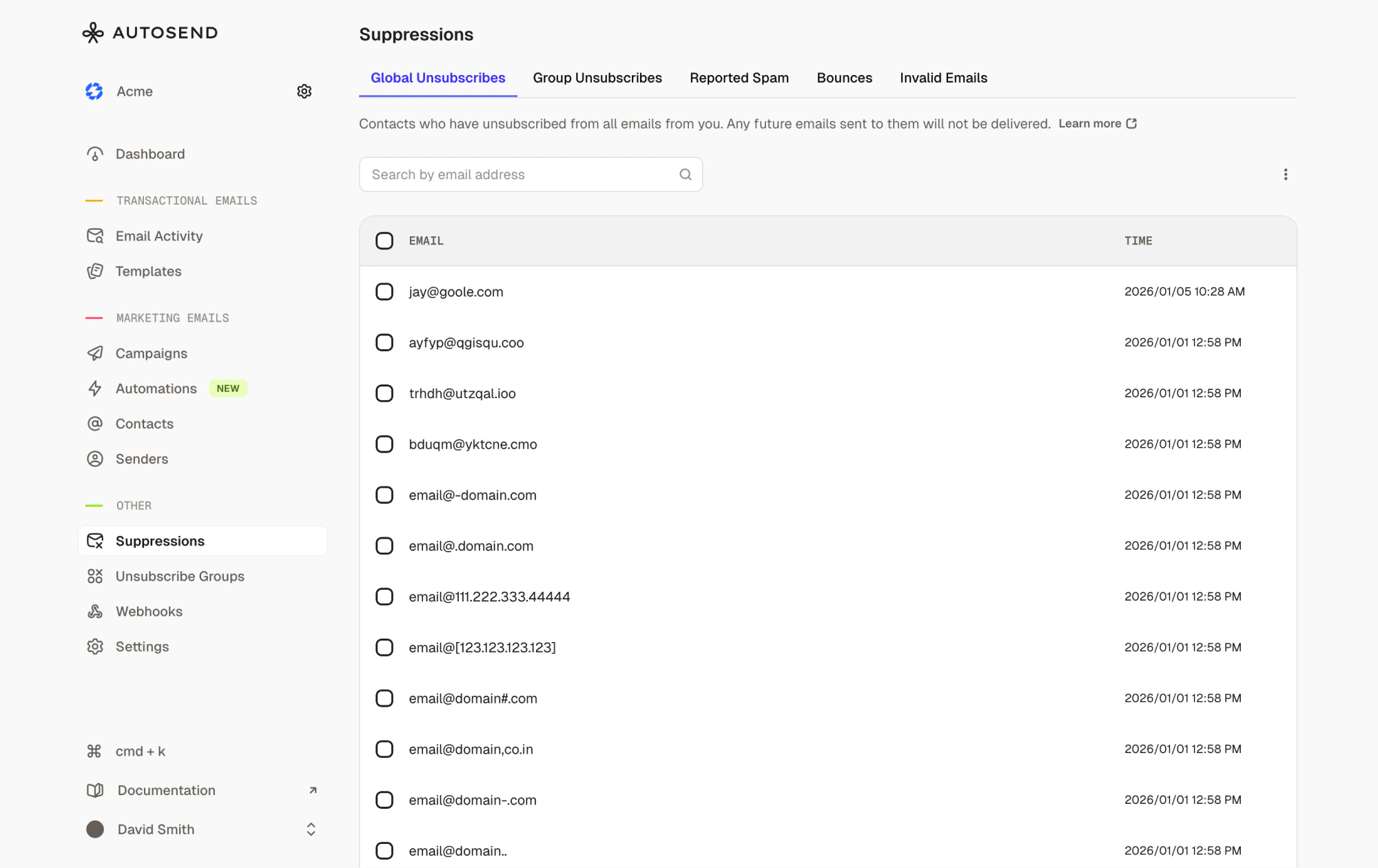 Autosend Suppressions Screenshot