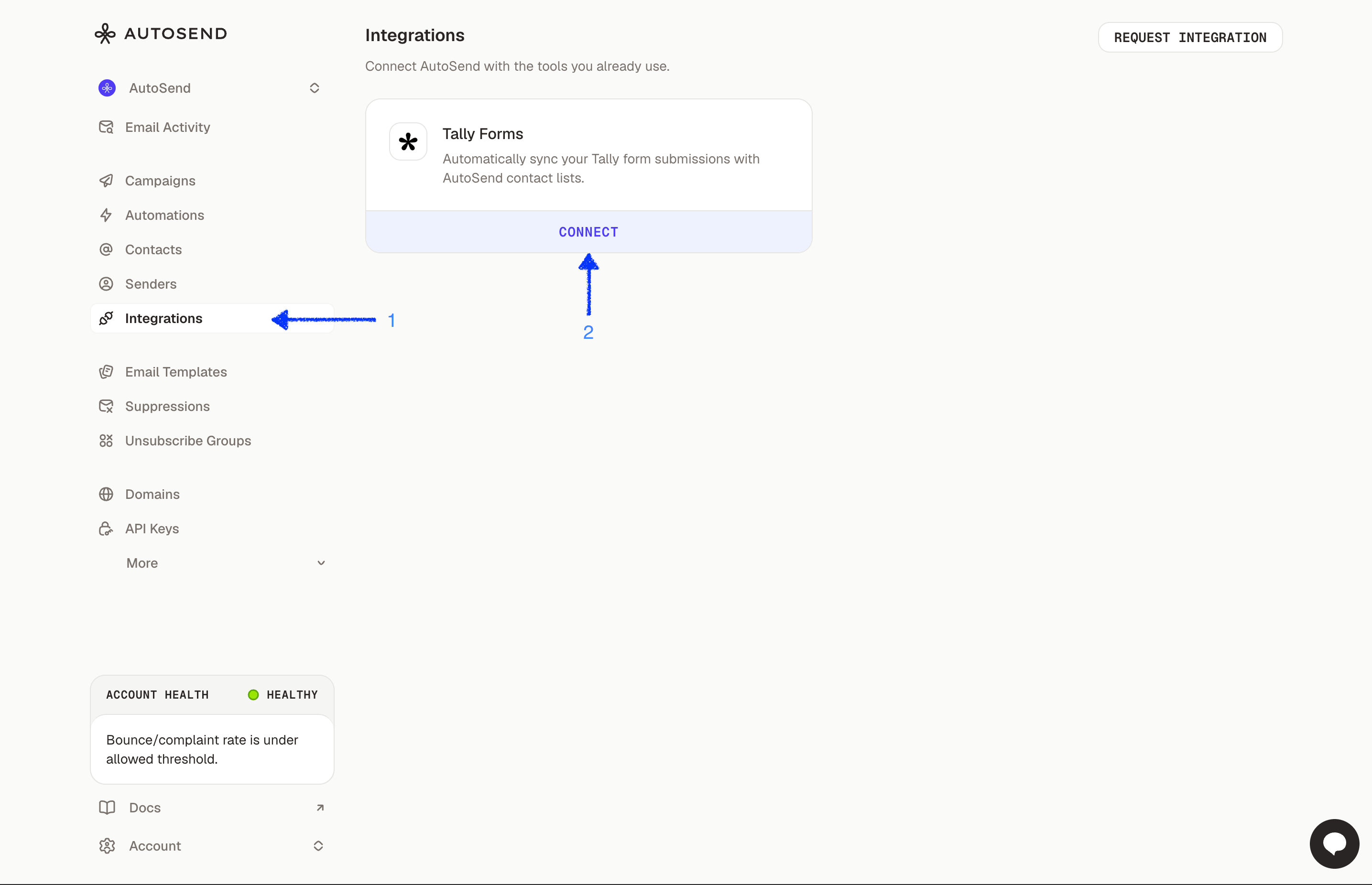 AutoSend Integrations page with the Connect button on the Tally Forms card