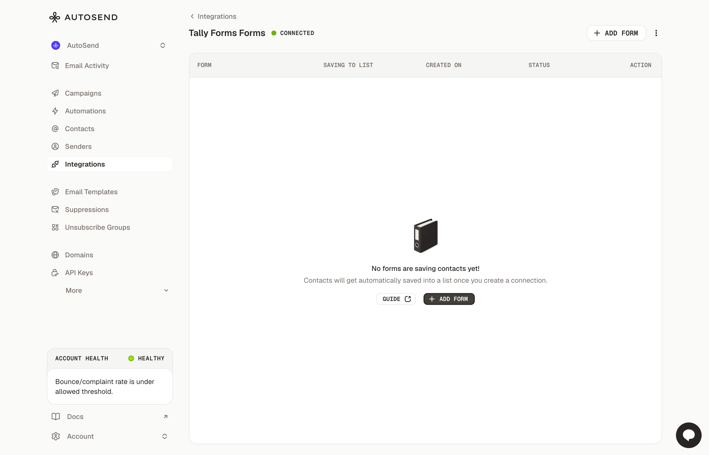 Tally Forms integration page with the Add Form button