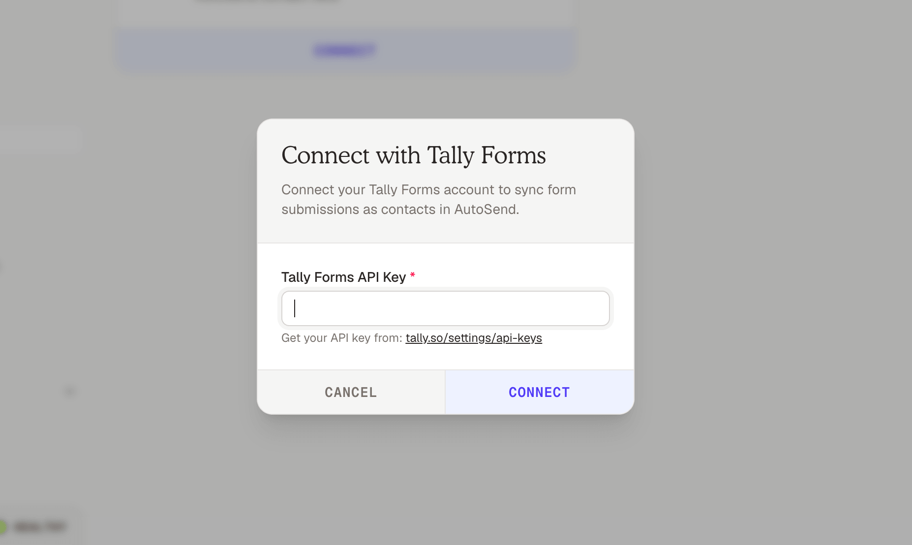 Connect with Tally Forms modal asking for the Tally Forms API key
