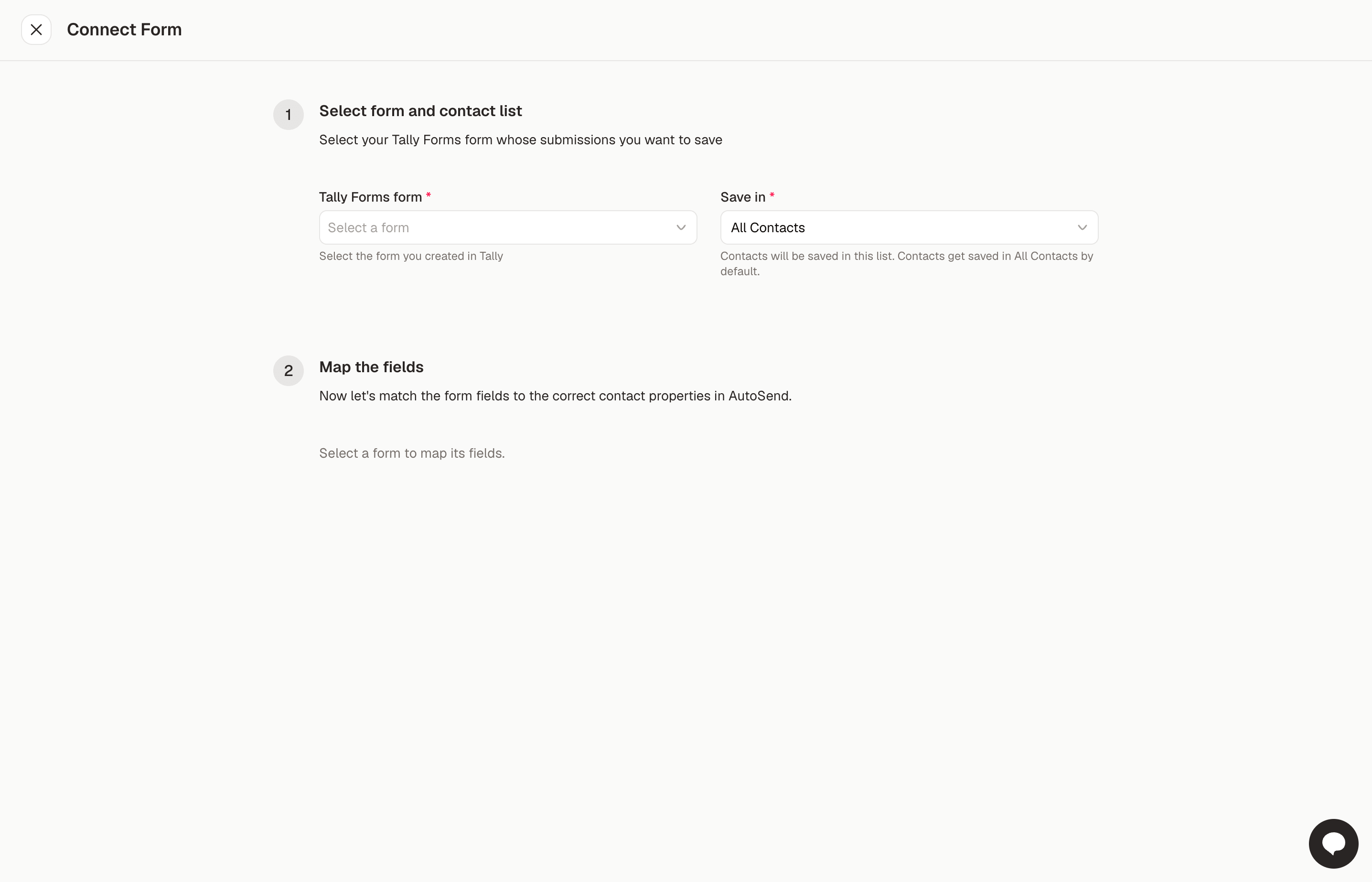 Connect Form screen with dropdowns to select a Tally form and the contact list to save in