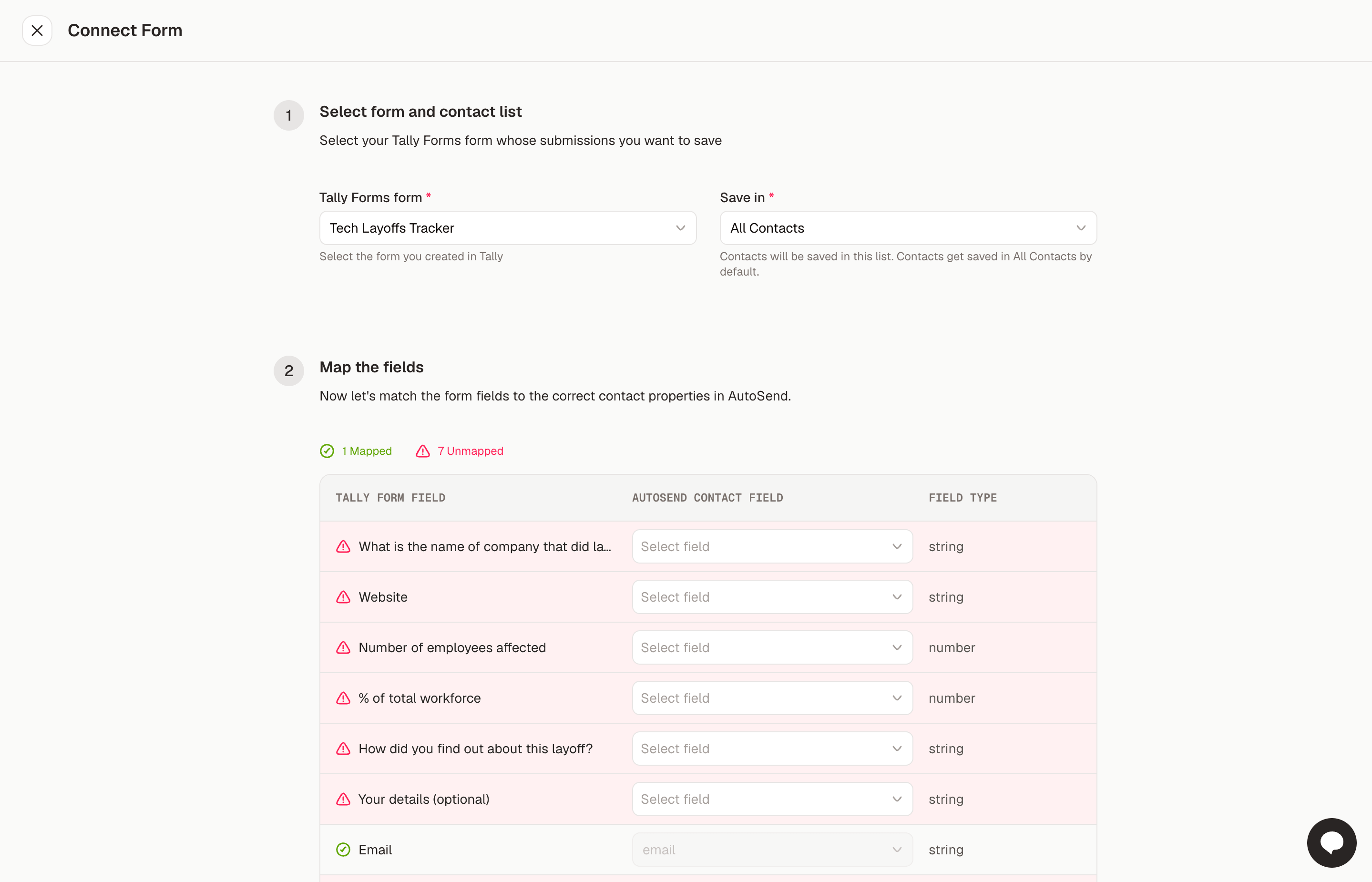 Field mapping table matching Tally form fields to AutoSend contact properties
