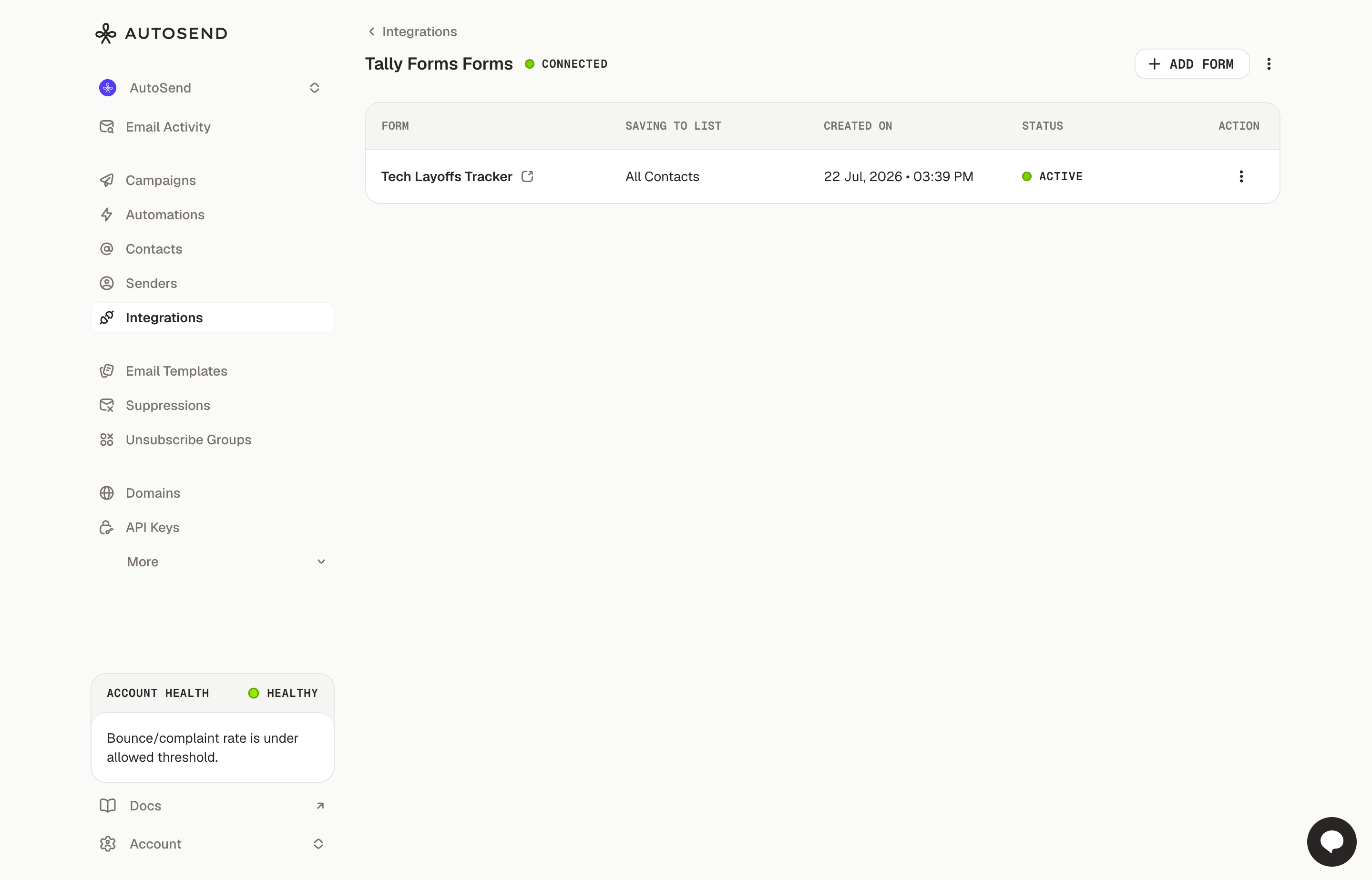 Tally Forms integration page listing a connected form with its contact list and active status
