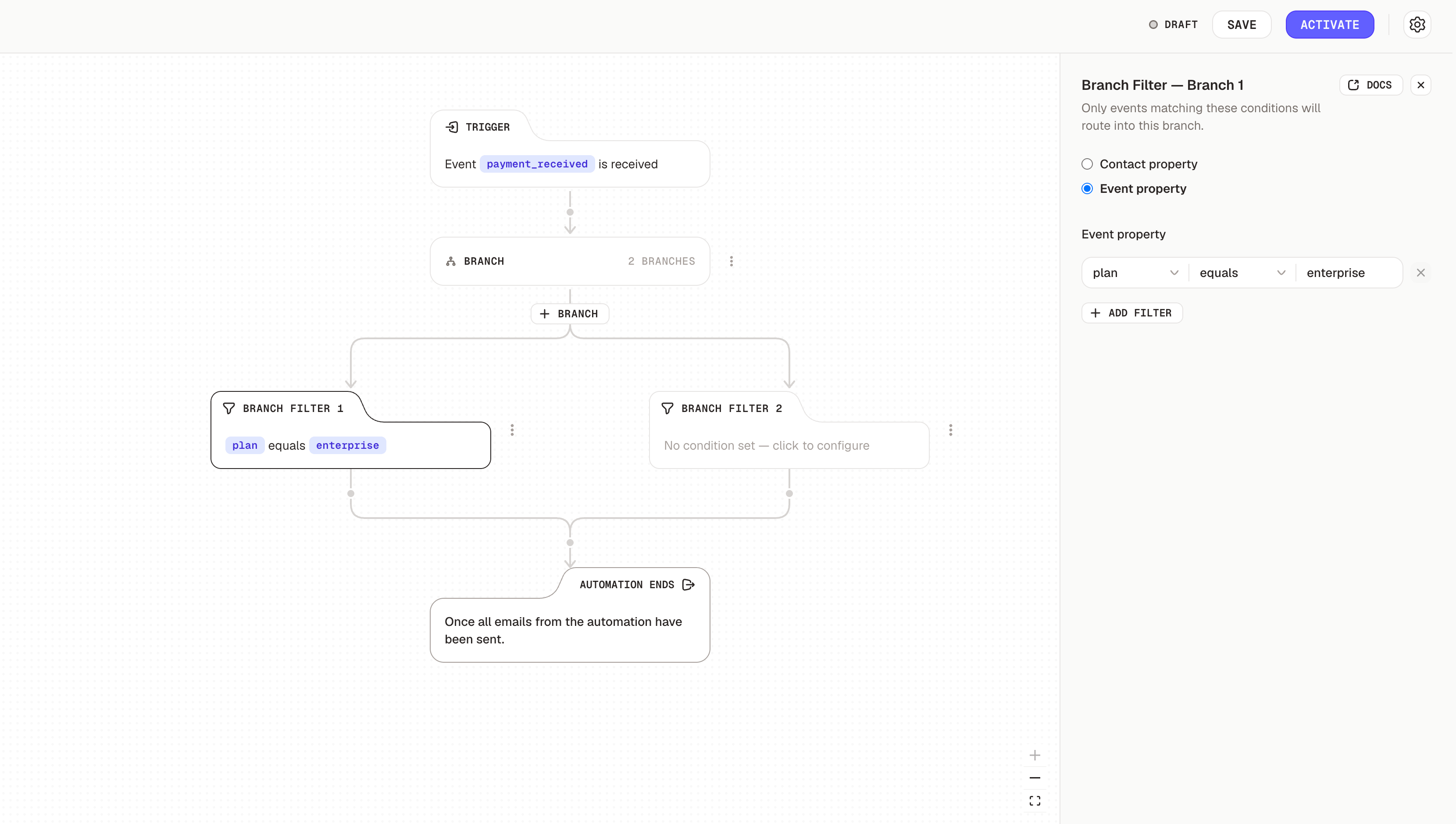 Select event property mode in the branch filter