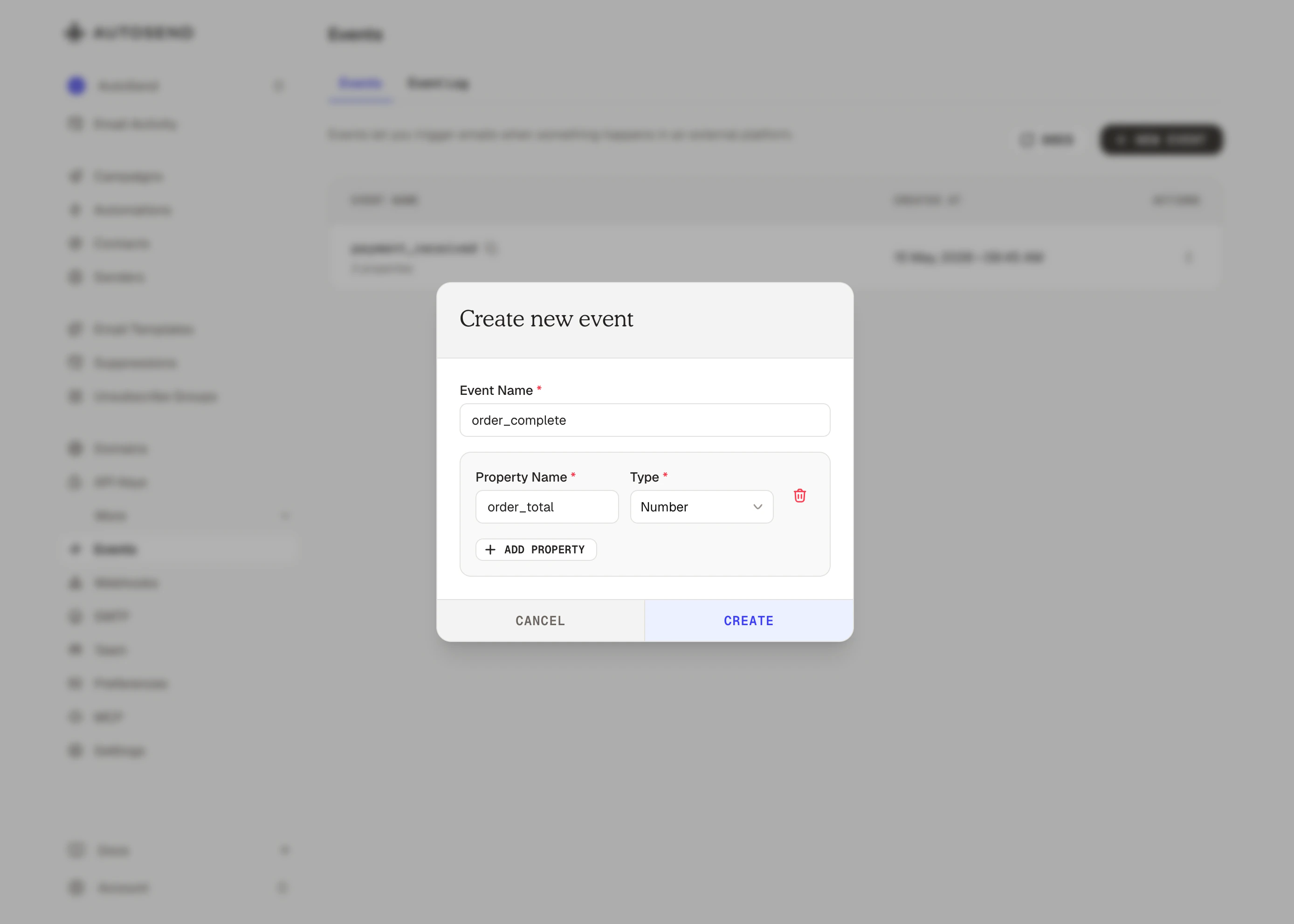 Define event properties with name, type, and suggested values
