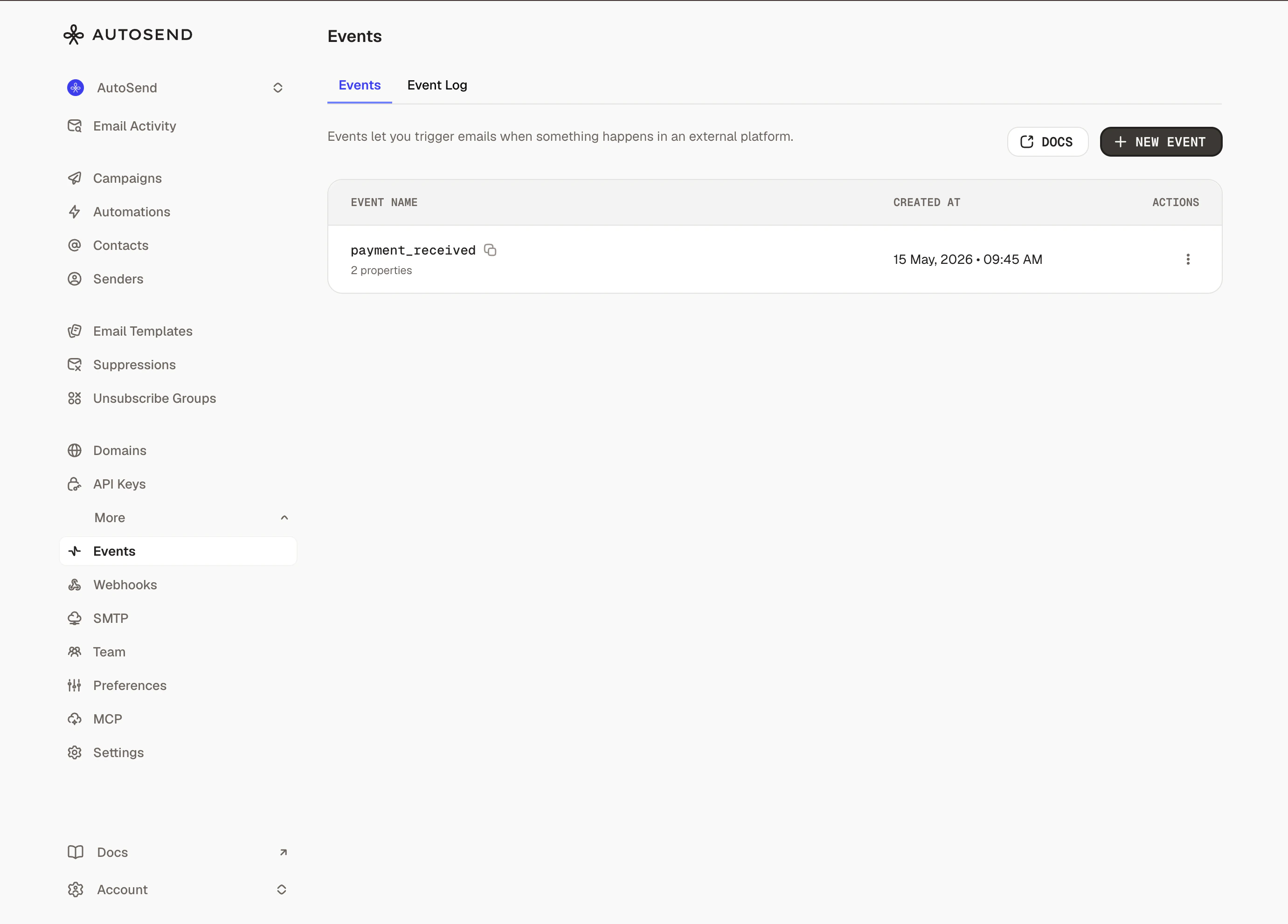 Events page in the AutoSend dashboard