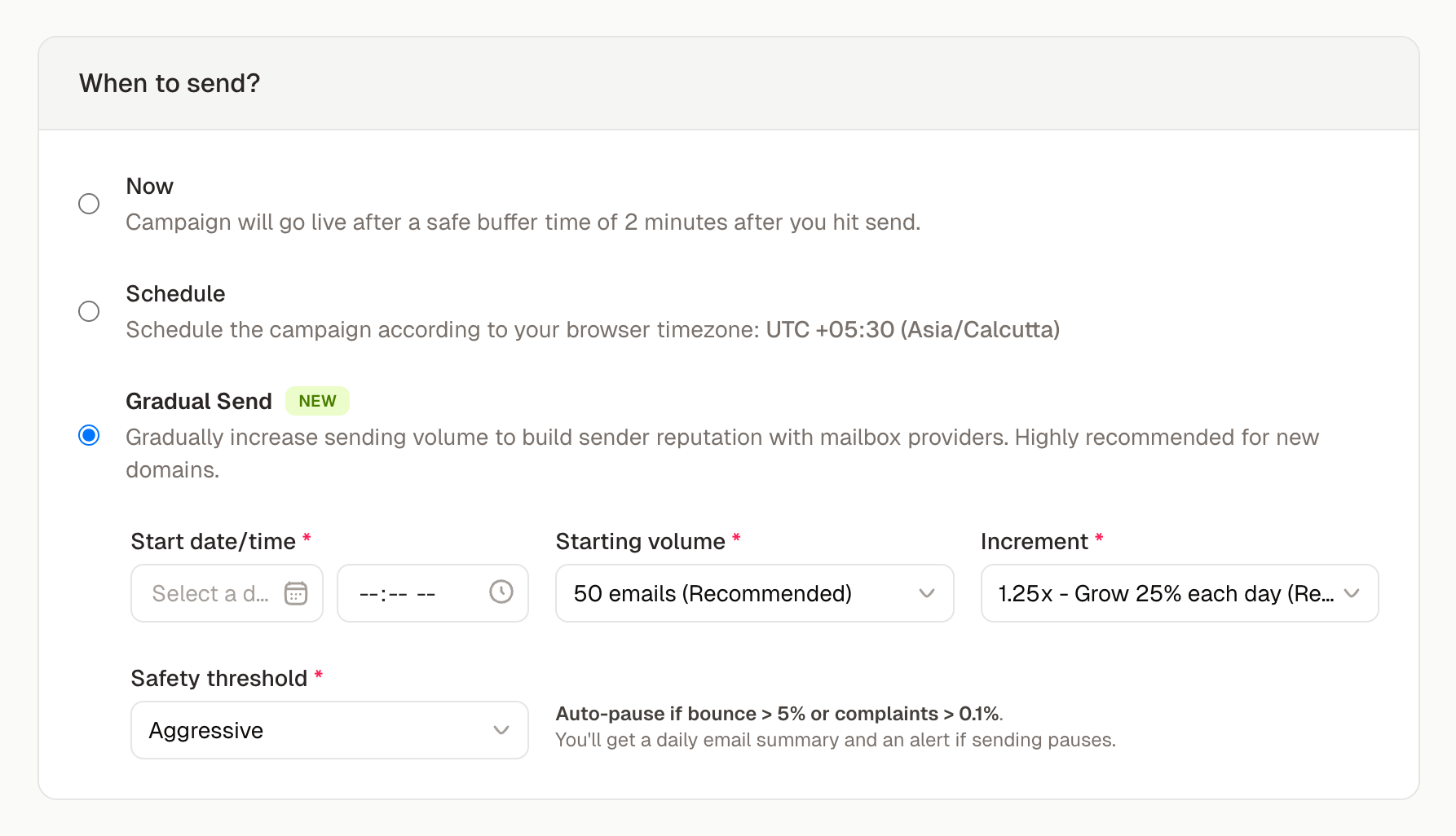 Campaign details page with When to send section showing Now, Schedule, and Gradual Send options