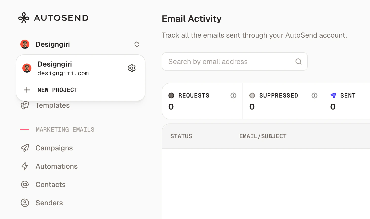 Project switcher dropdown with New Project option