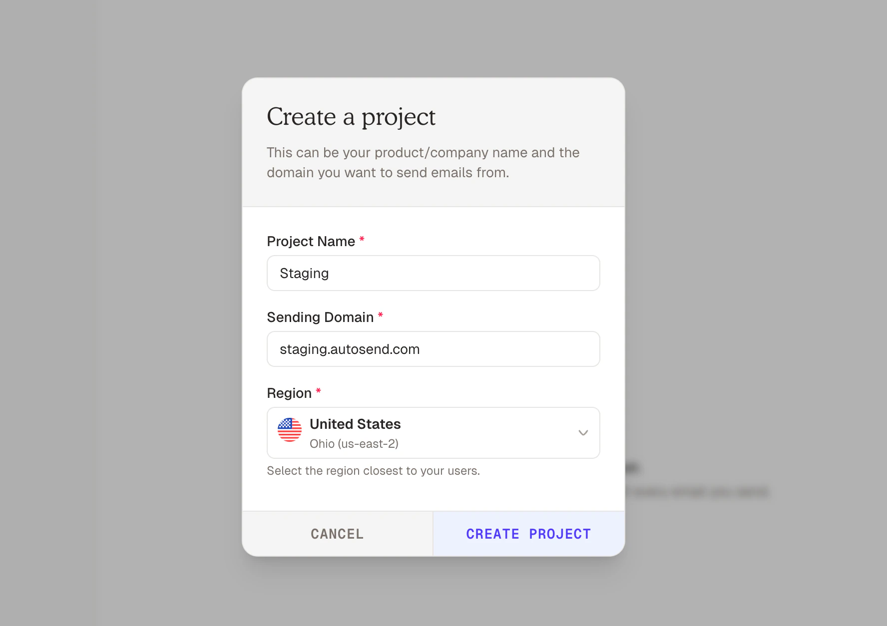 Create project form with name input