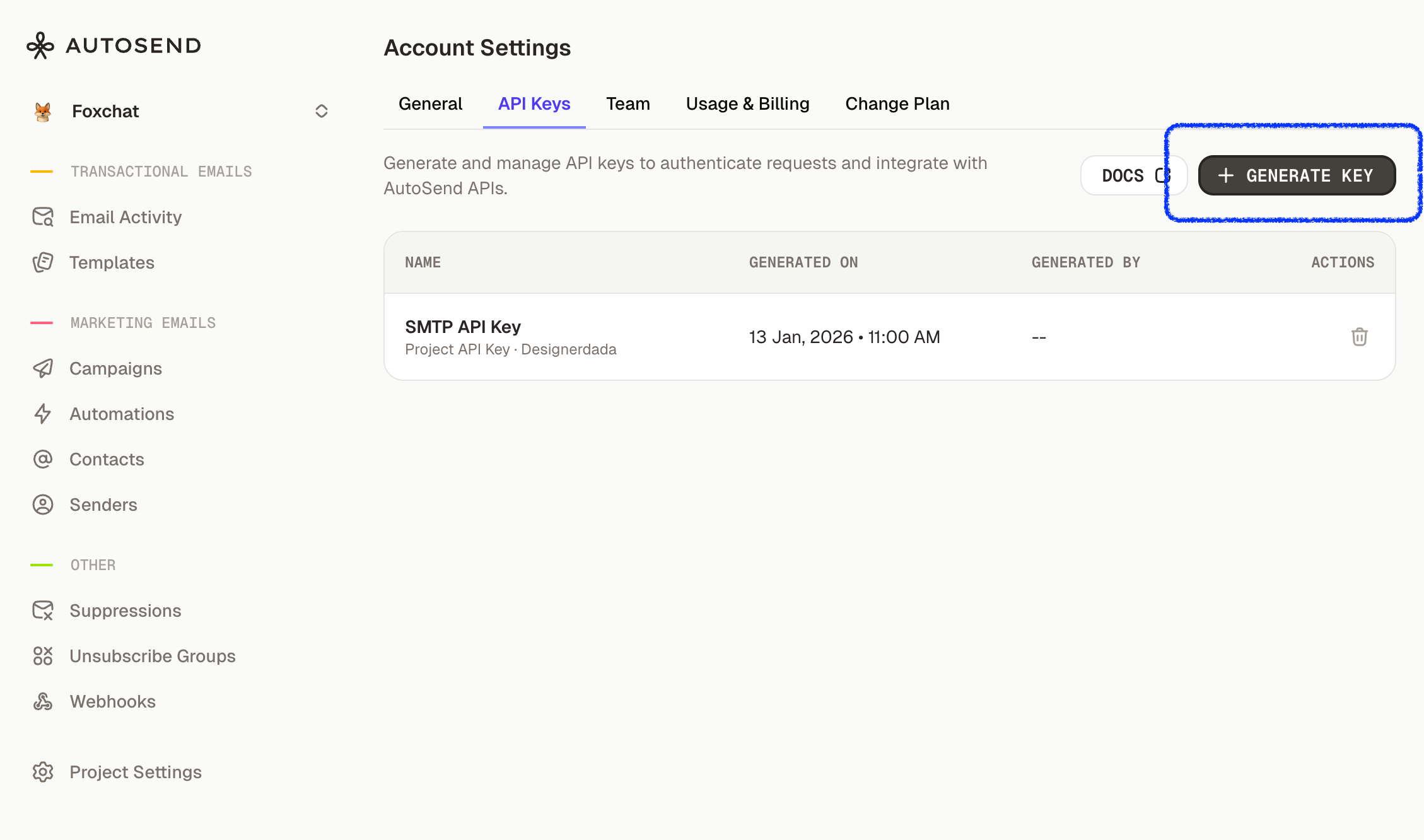 API Keys dashboard showing list of API keys