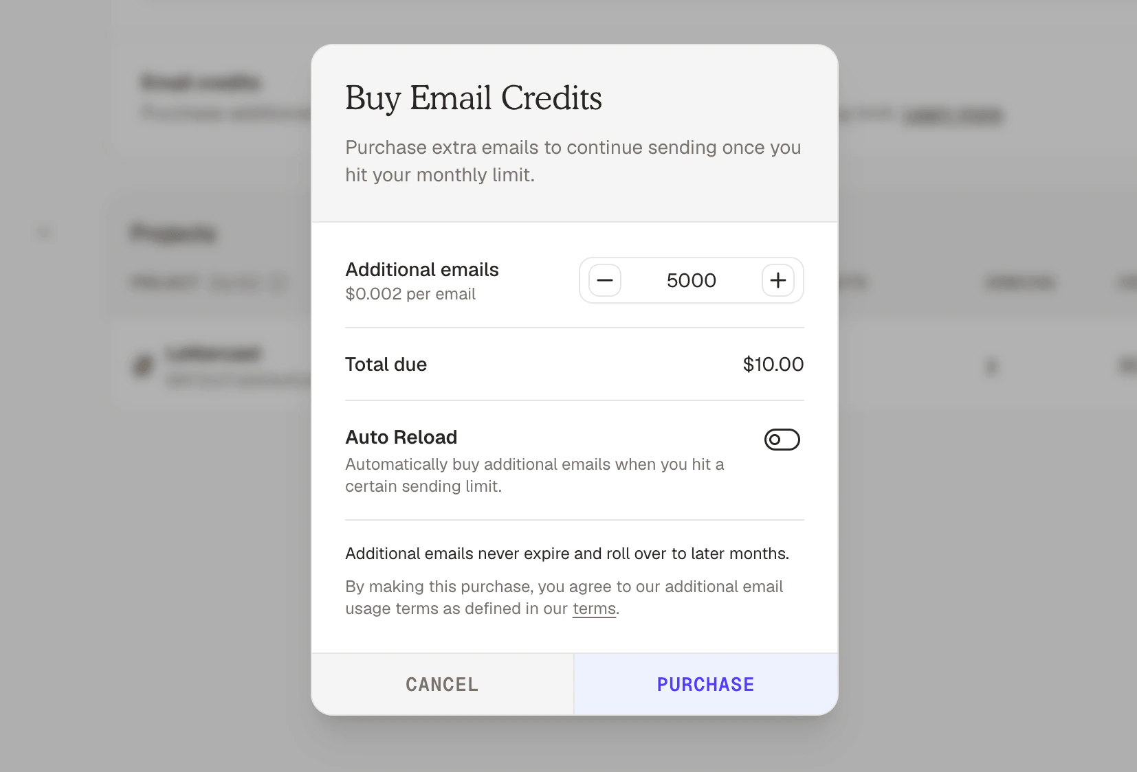 Buy email credits modal