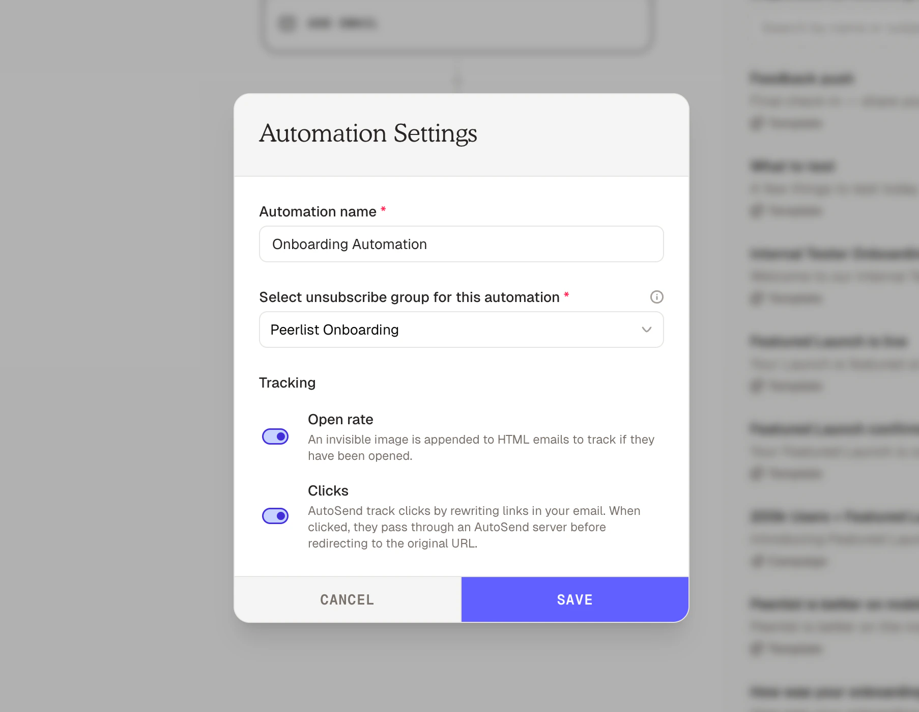 Automation settings: name, unsubscribe group, and tracking options