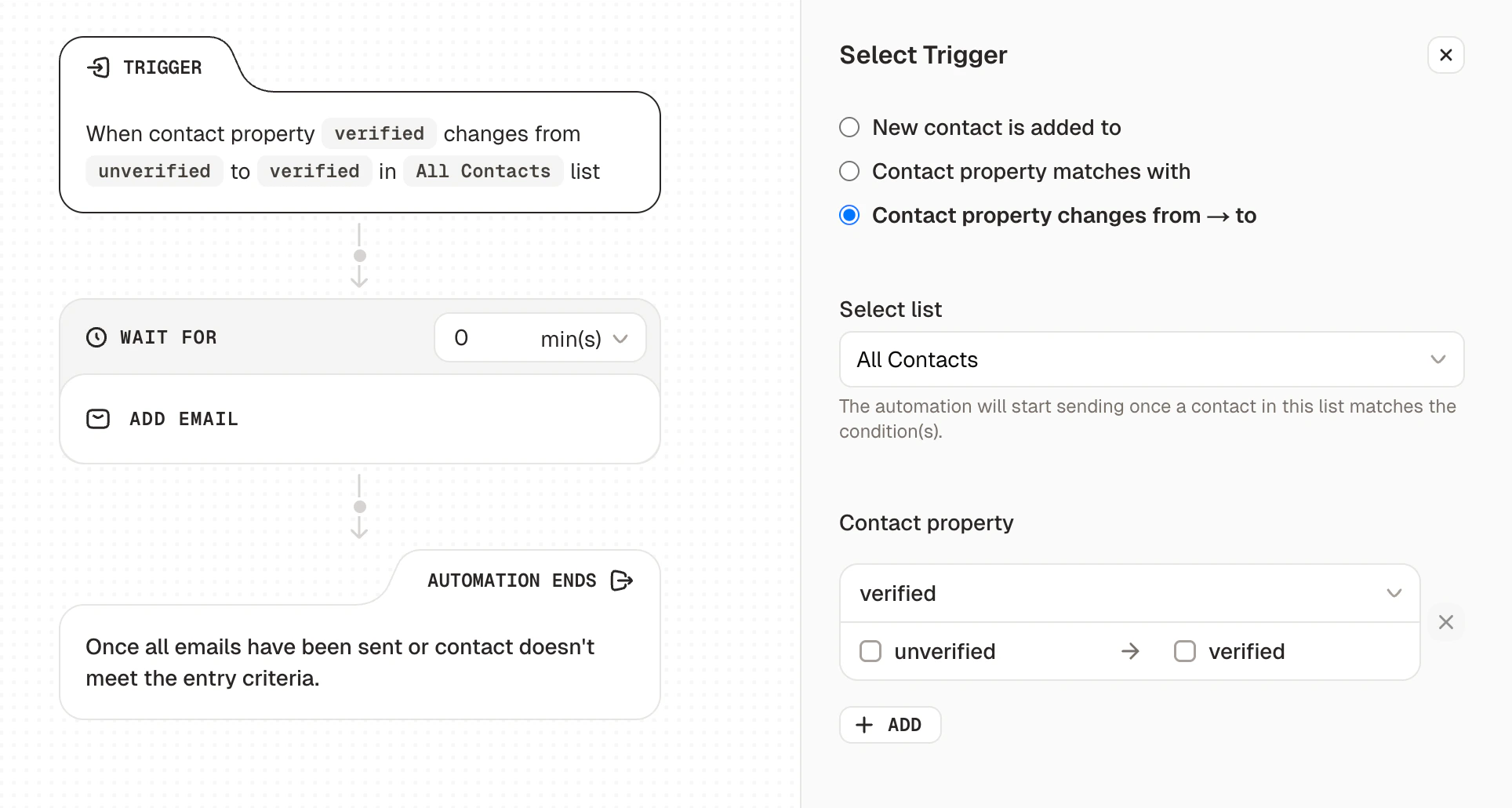 Trigger: Contact property changes from one value to another