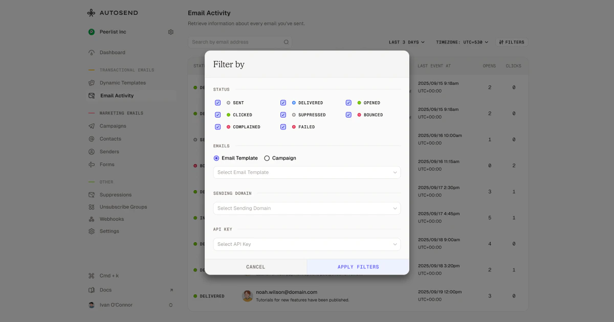 Email Activity Filter Modal