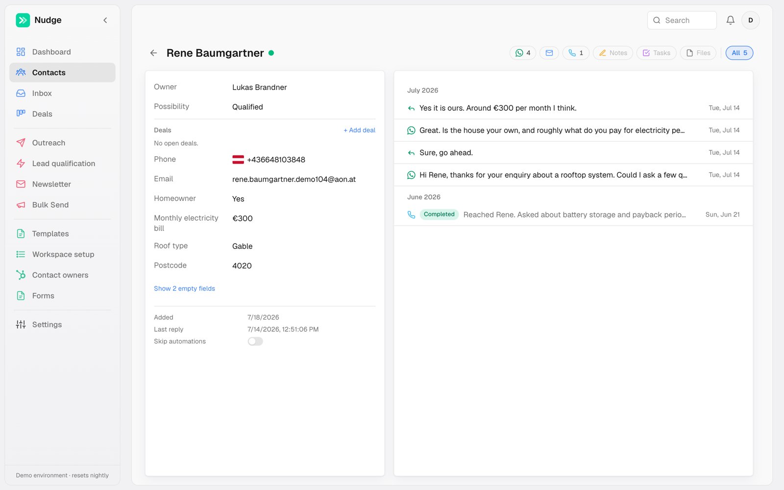 A contact page with editable fields on the left and the activity timeline on the right