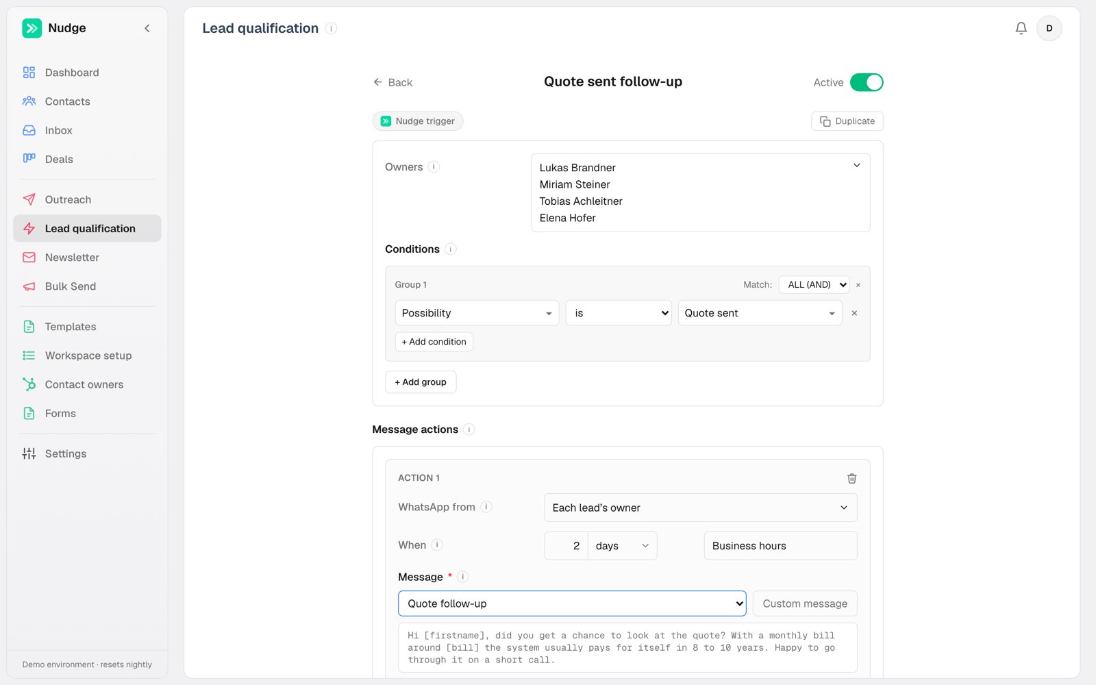 The trigger editor with owner audience, conditions and a WhatsApp action