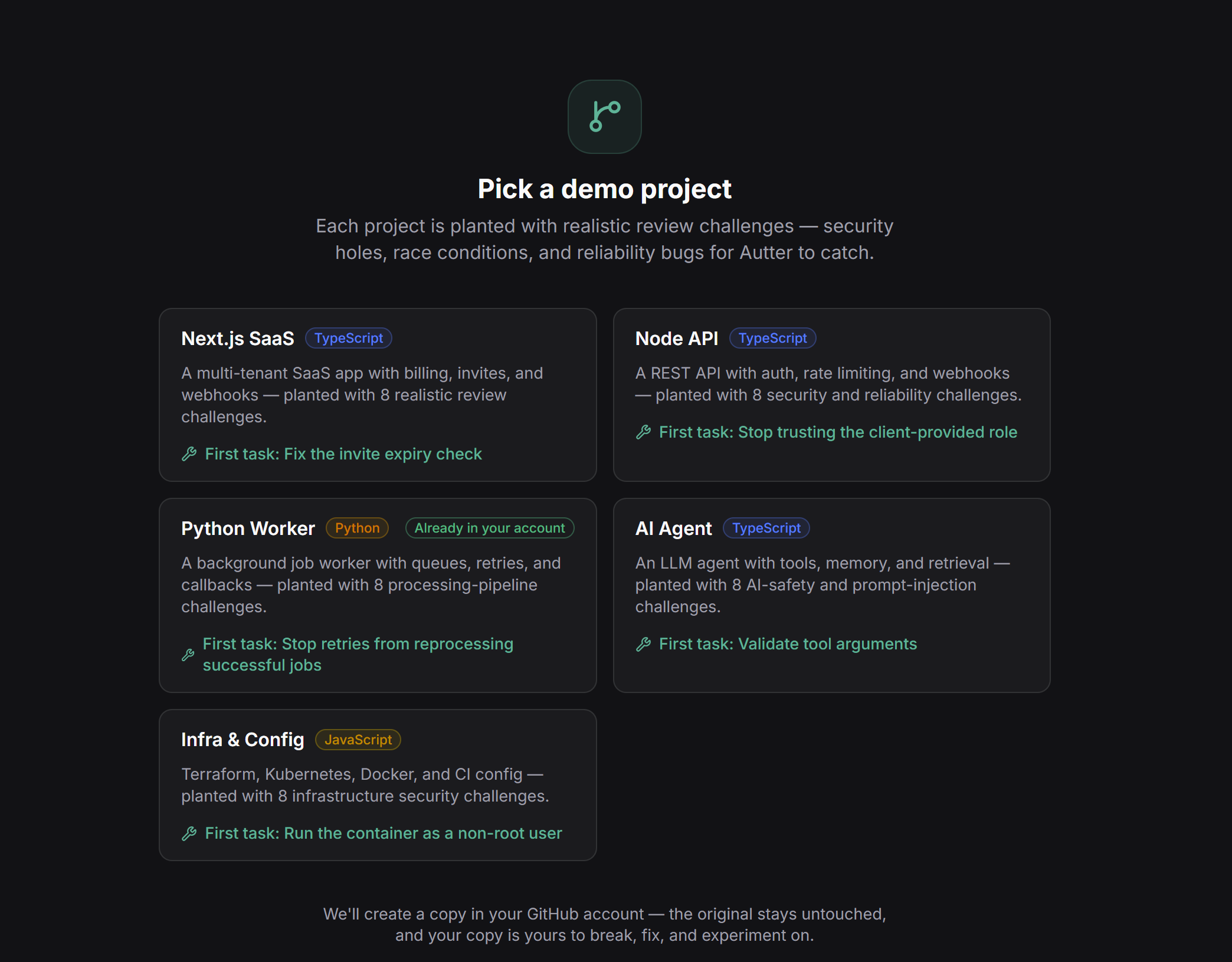 Autter demo project choices including Next.js, Node, Python, AI agent, and infrastructure projects