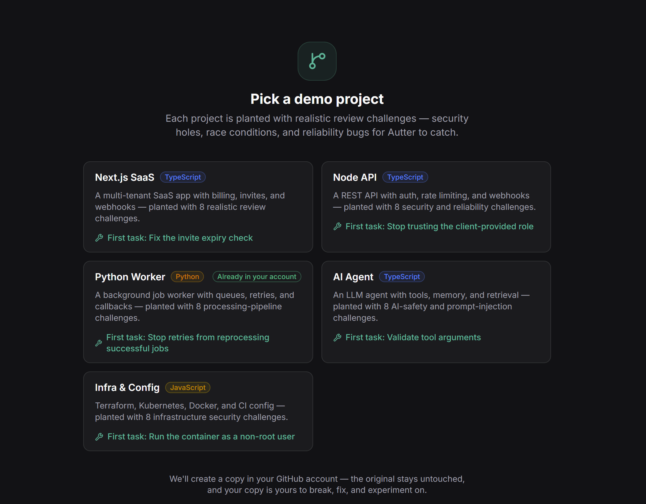 Autter demo project choices including Next.js, Node, Python, AI agent, and infrastructure projects