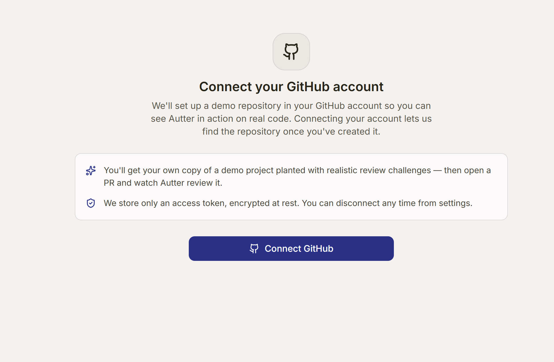 Autter prompt to connect a GitHub account for the demo repository